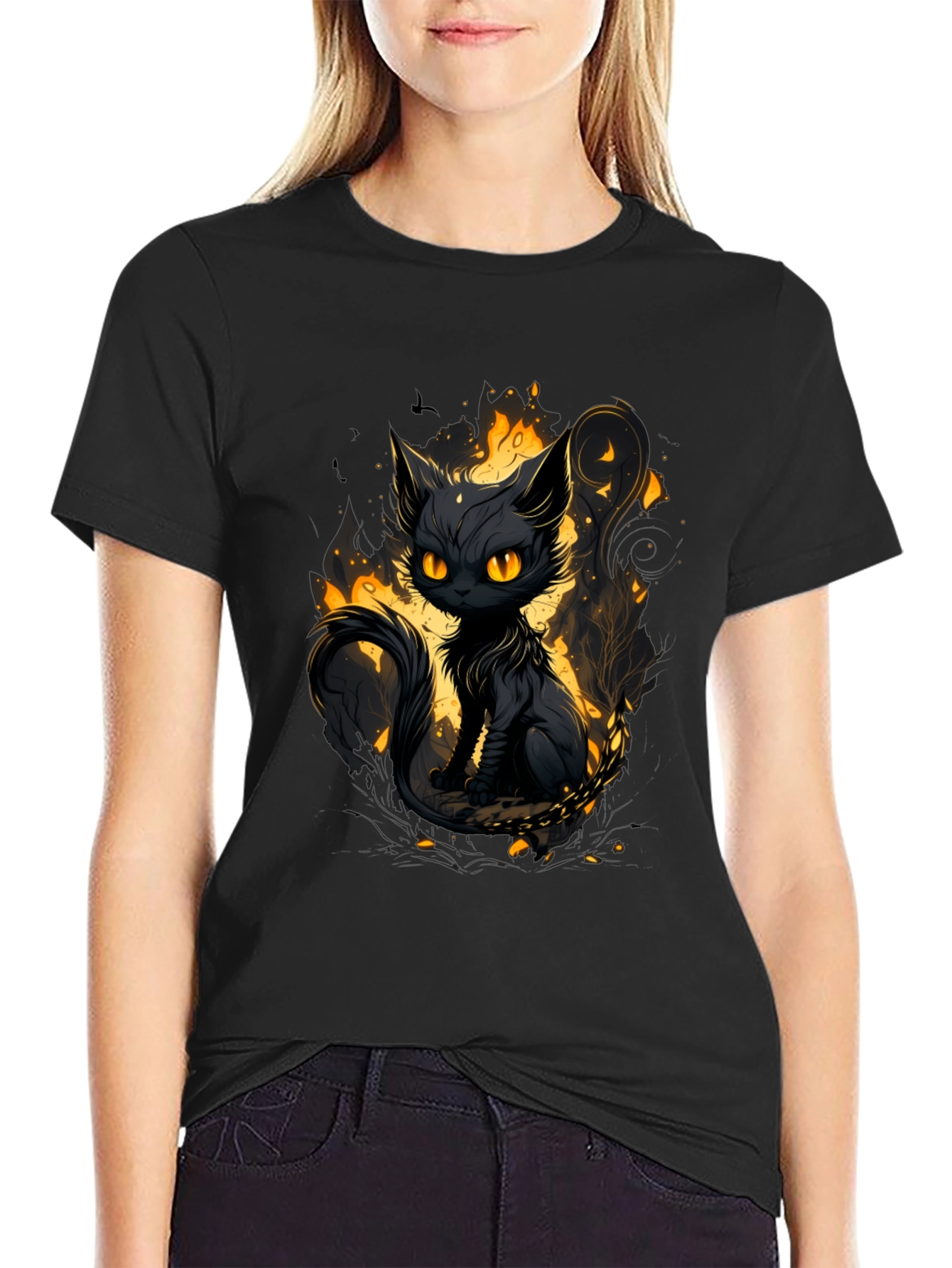 Mystic Cat Graphic Tee - Black Cotton T-Shirt
