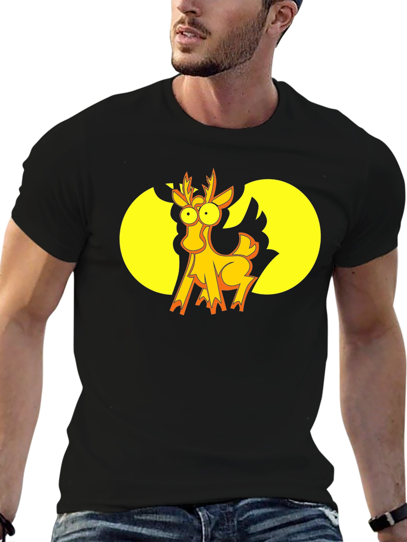 Funny Cartoon Deer Graphic T-Shirt - Black