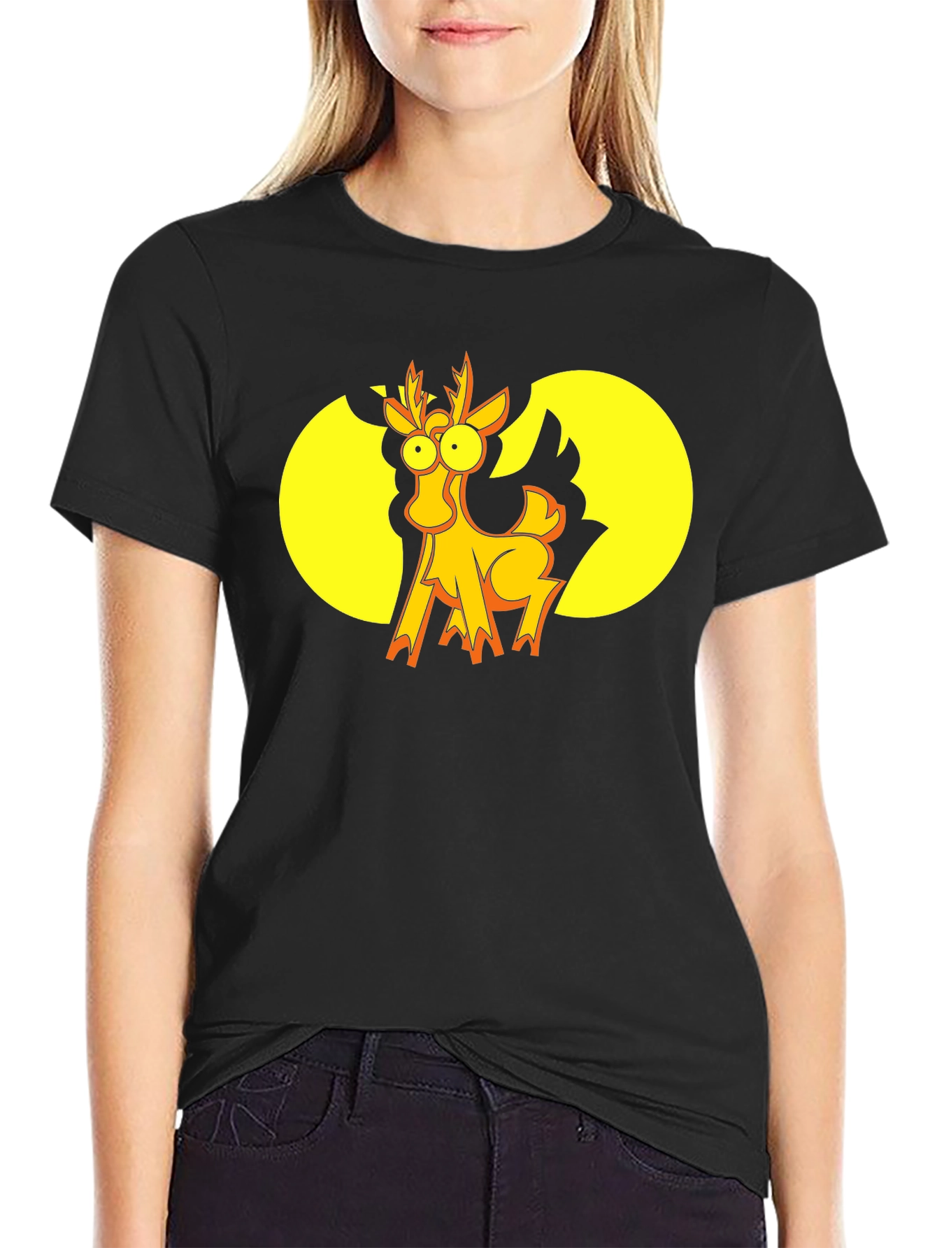 Funny Cartoon Deer Graphic T-Shirt - Black