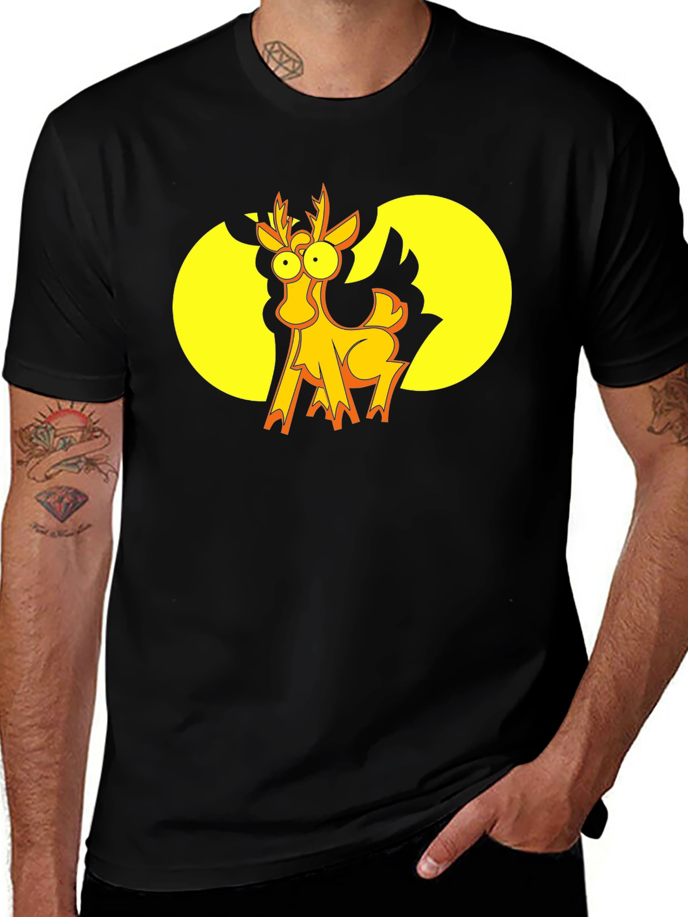 Funny Cartoon Deer Graphic T-Shirt - Black
