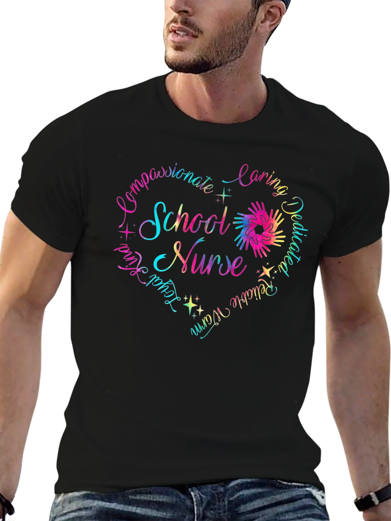 School Nurse Heart Graphic T-Shirt - Caring Dedicated