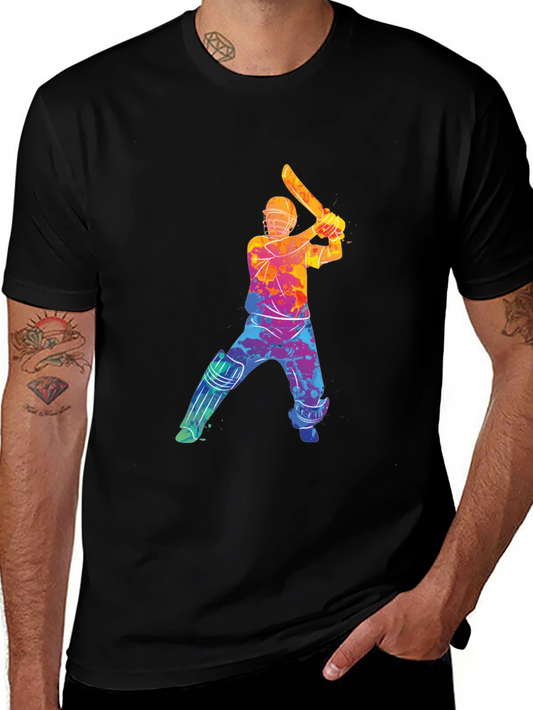 Colorful Cricket Player Graphic Tee - Black Cotton Shirt