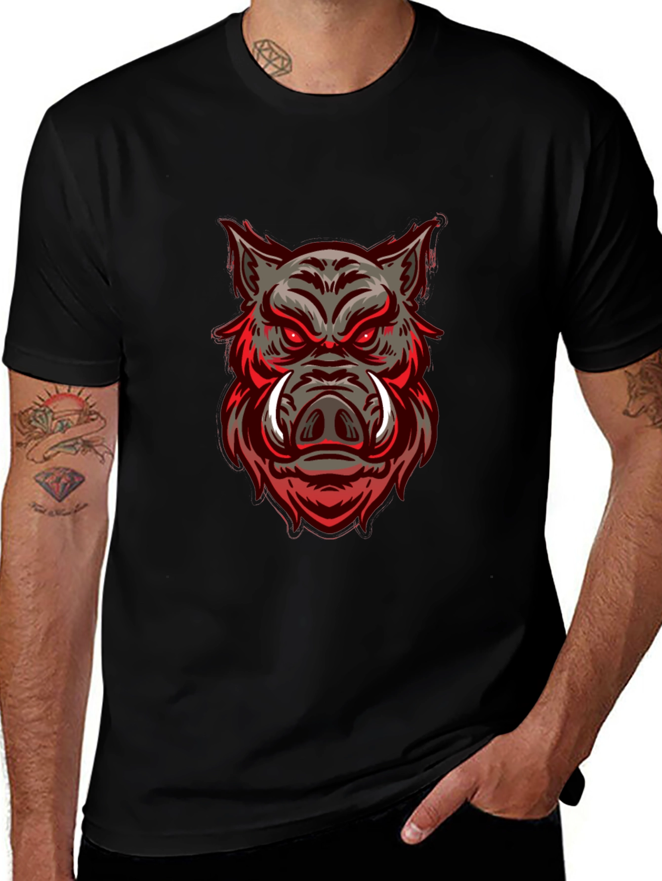 Boar Graphic Print Black Crew Neck T-Shirt