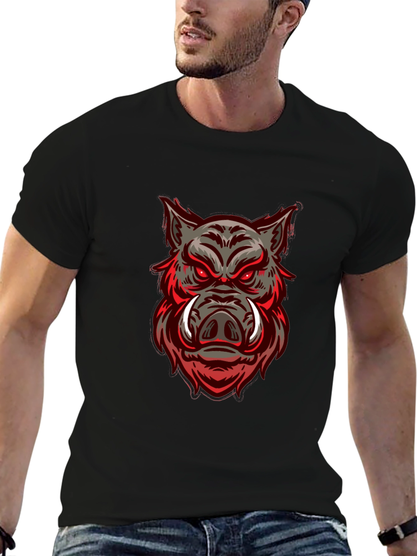 Boar Graphic Print Black Crew Neck T-Shirt