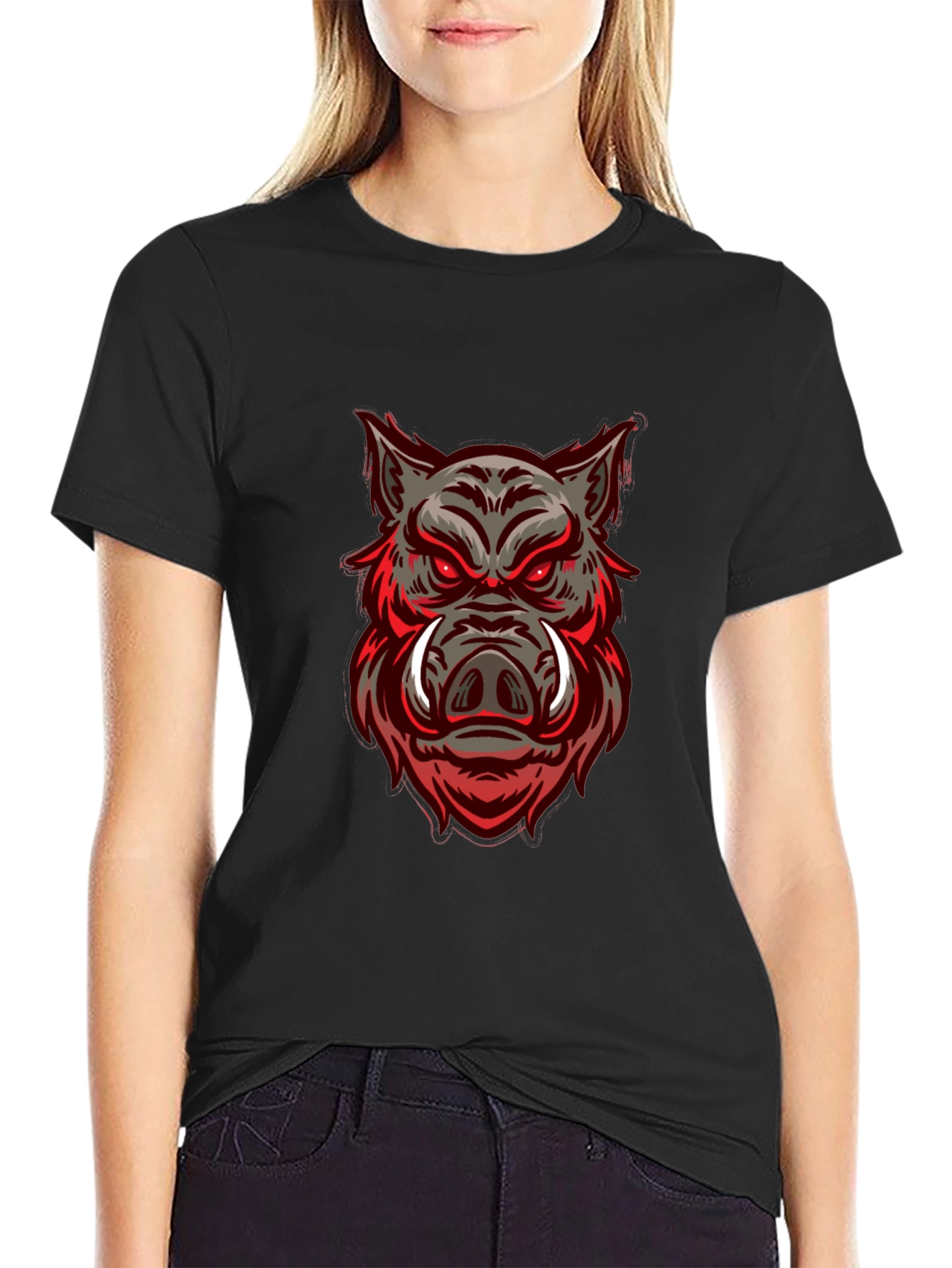 Boar Graphic Print Black Crew Neck T-Shirt