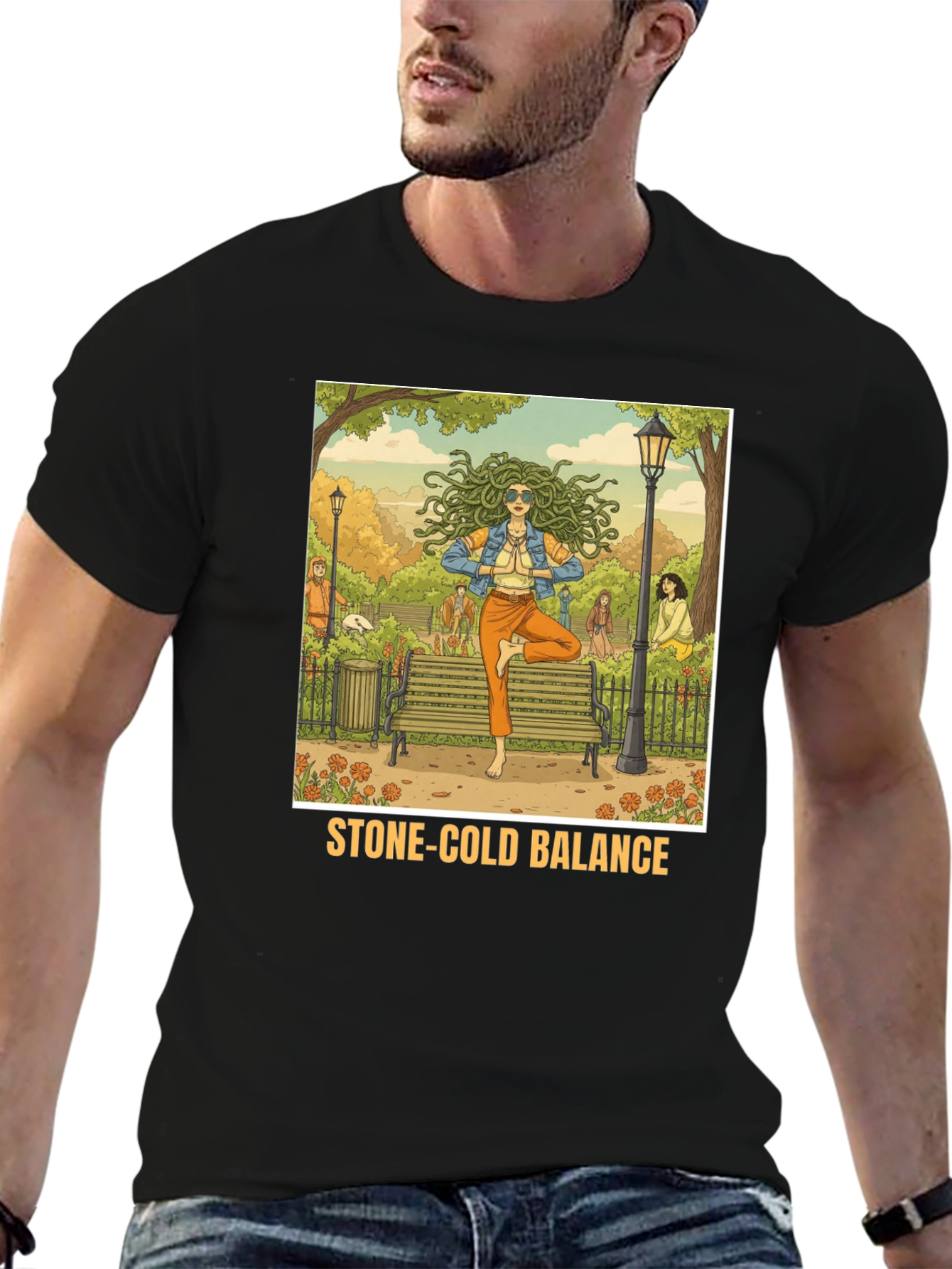 Stone-Cold Balance T-Shirt: Medusa Yoga Design