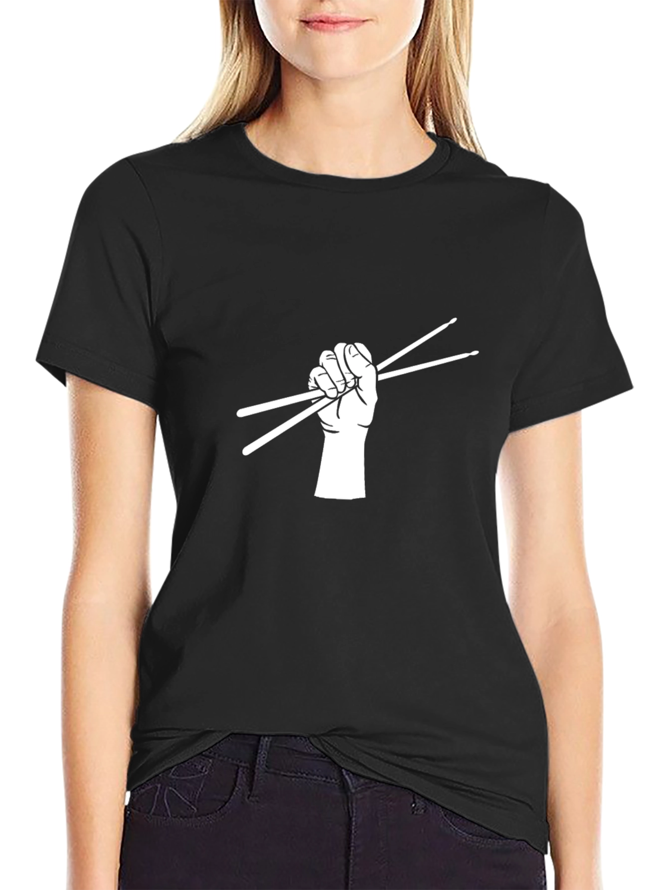 Drummer Hand Holding Drumsticks Black T-Shirt