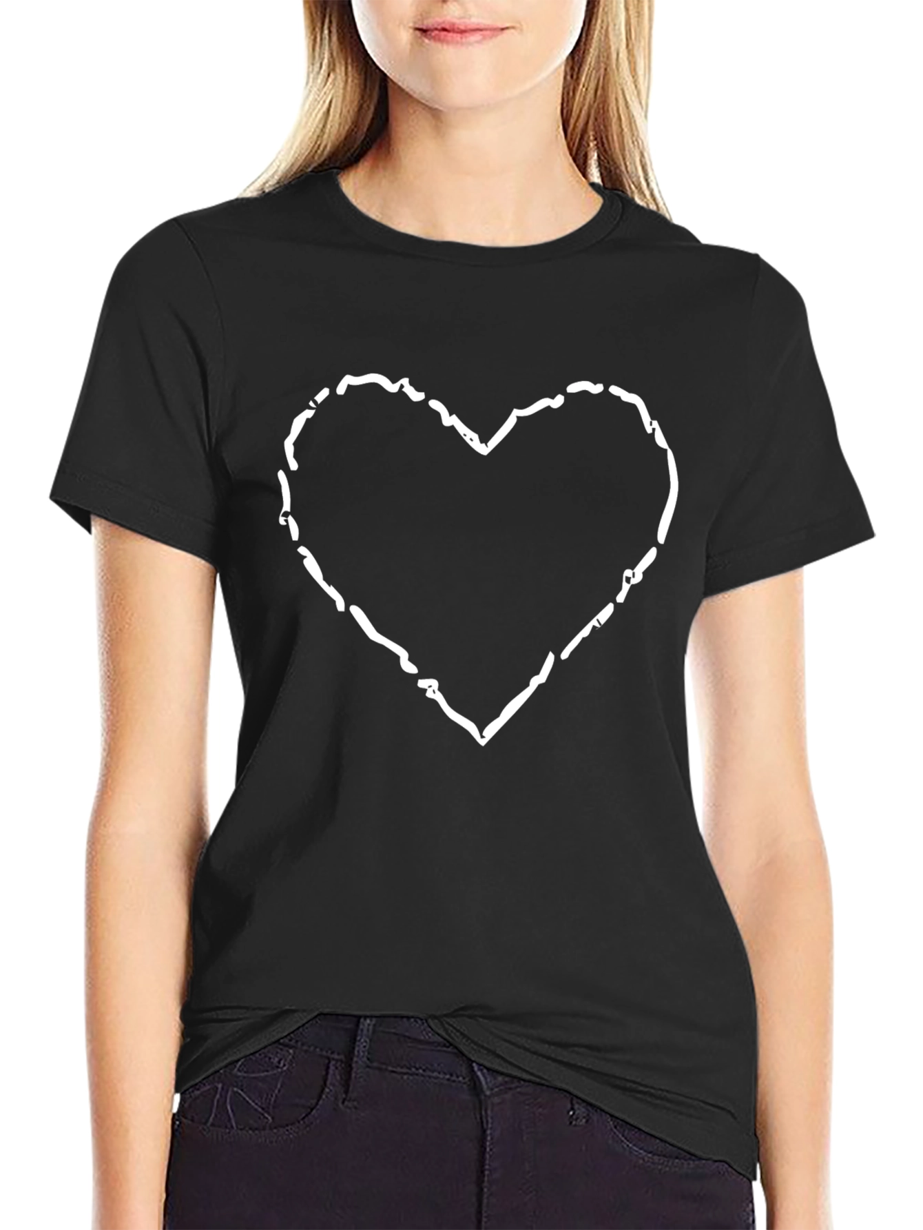 Heart Outline Graphic Tee - Black Cotton Casual