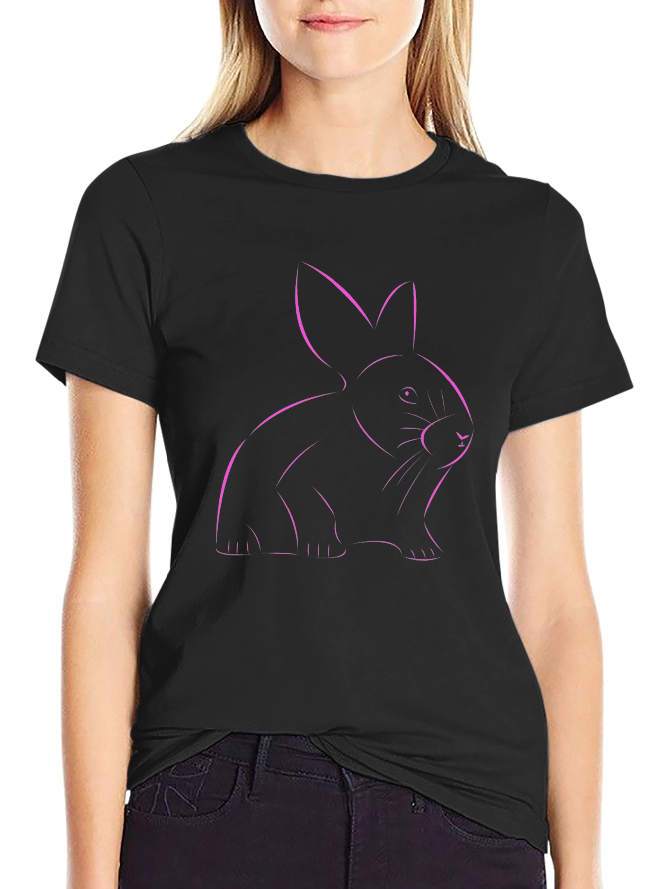Pink Rabbit Outline Black T-Shirt