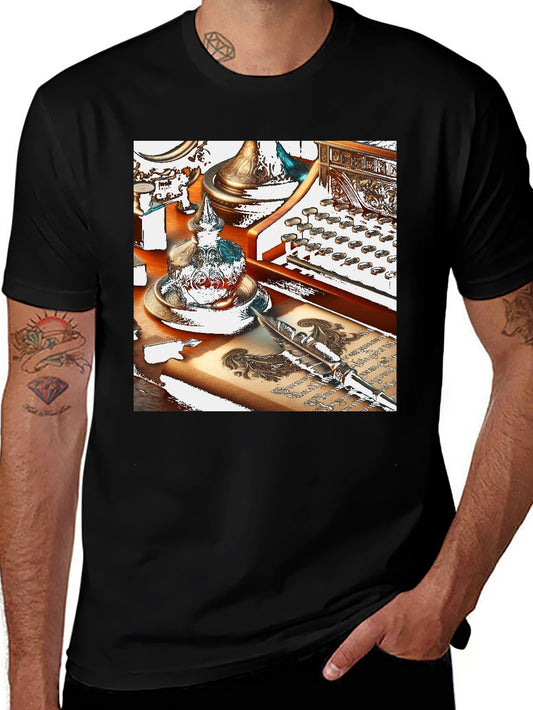 Vintage Writer T-Shirt - Inkwell Pen & Typewriter Design