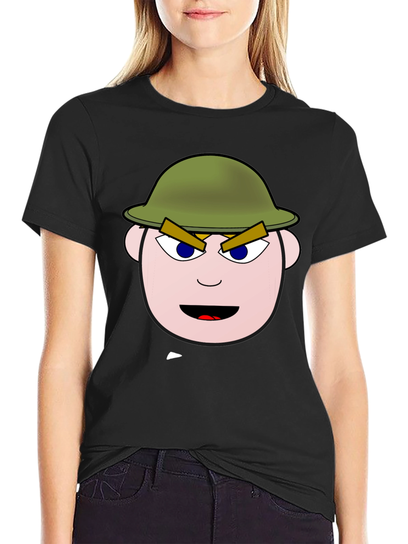 Cartoon Soldier Graphic Tee - Black Cotton Blend Shirt