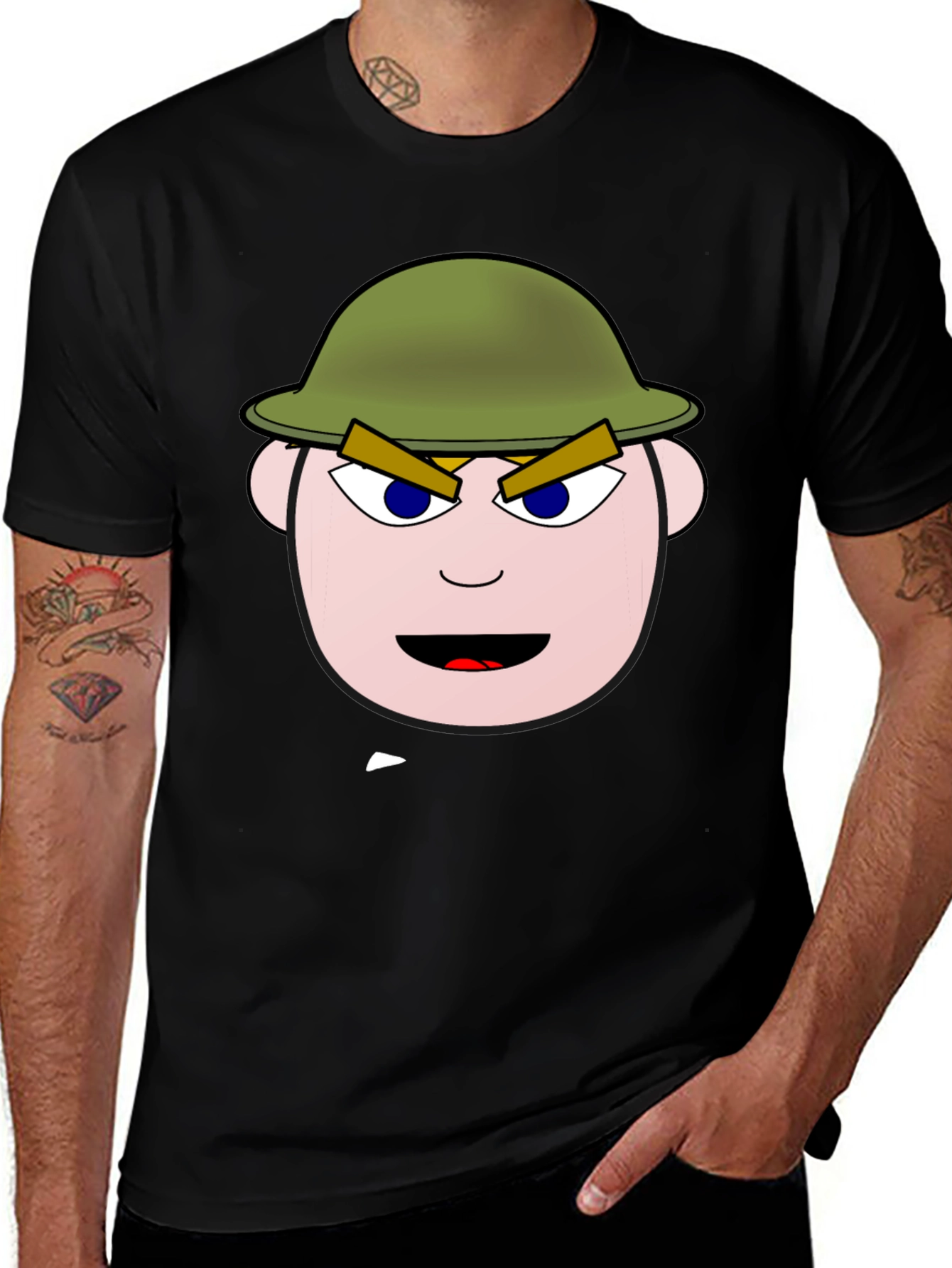 Cartoon Soldier Graphic Tee - Black Cotton Blend Shirt