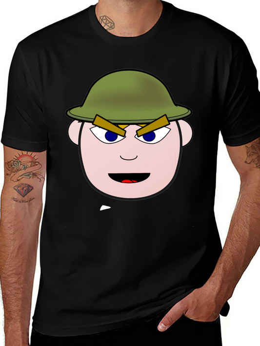 Cartoon Soldier Graphic Tee - Black Cotton Blend Shirt