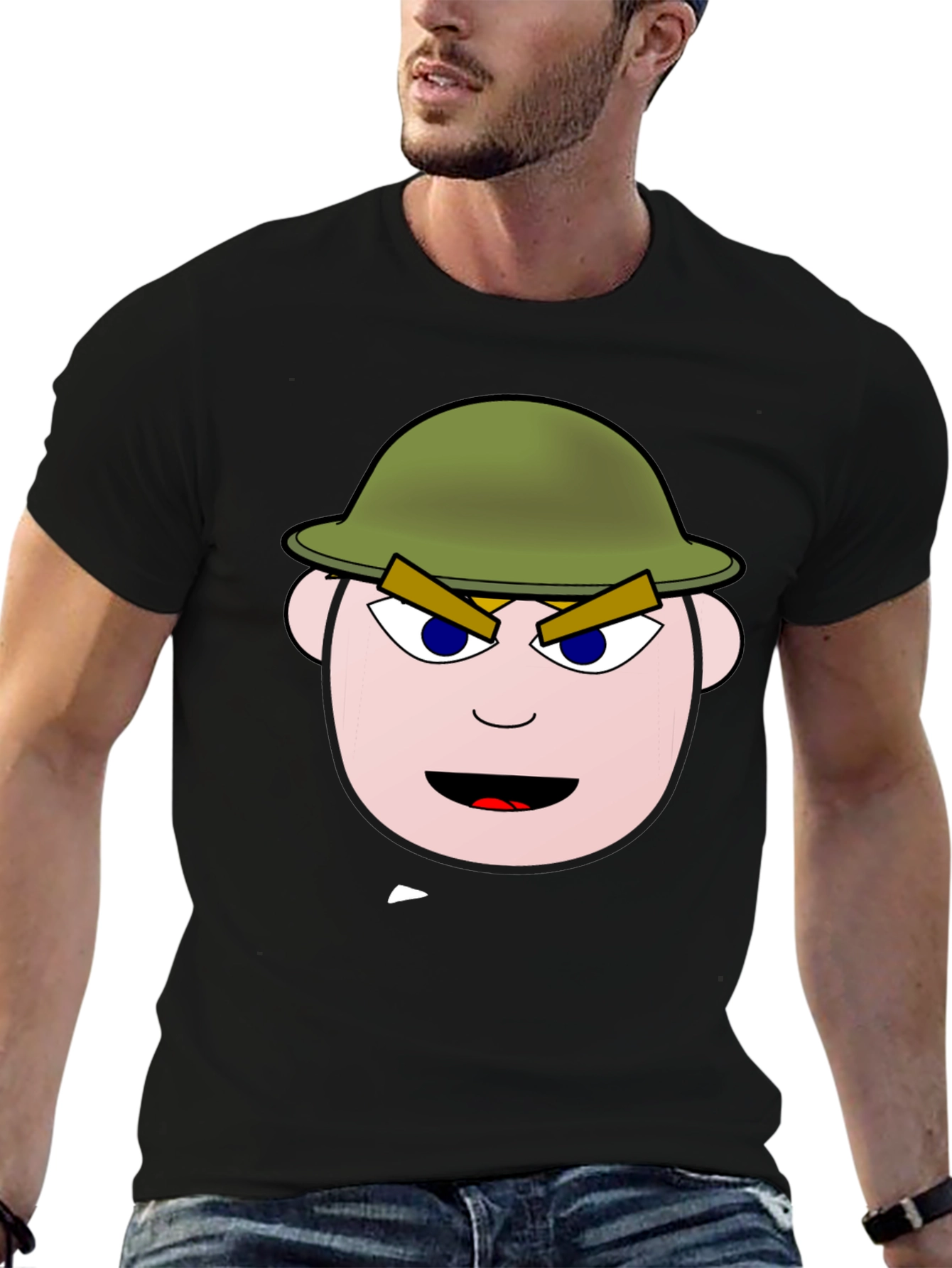 Cartoon Soldier Graphic Tee - Black Cotton Blend Shirt