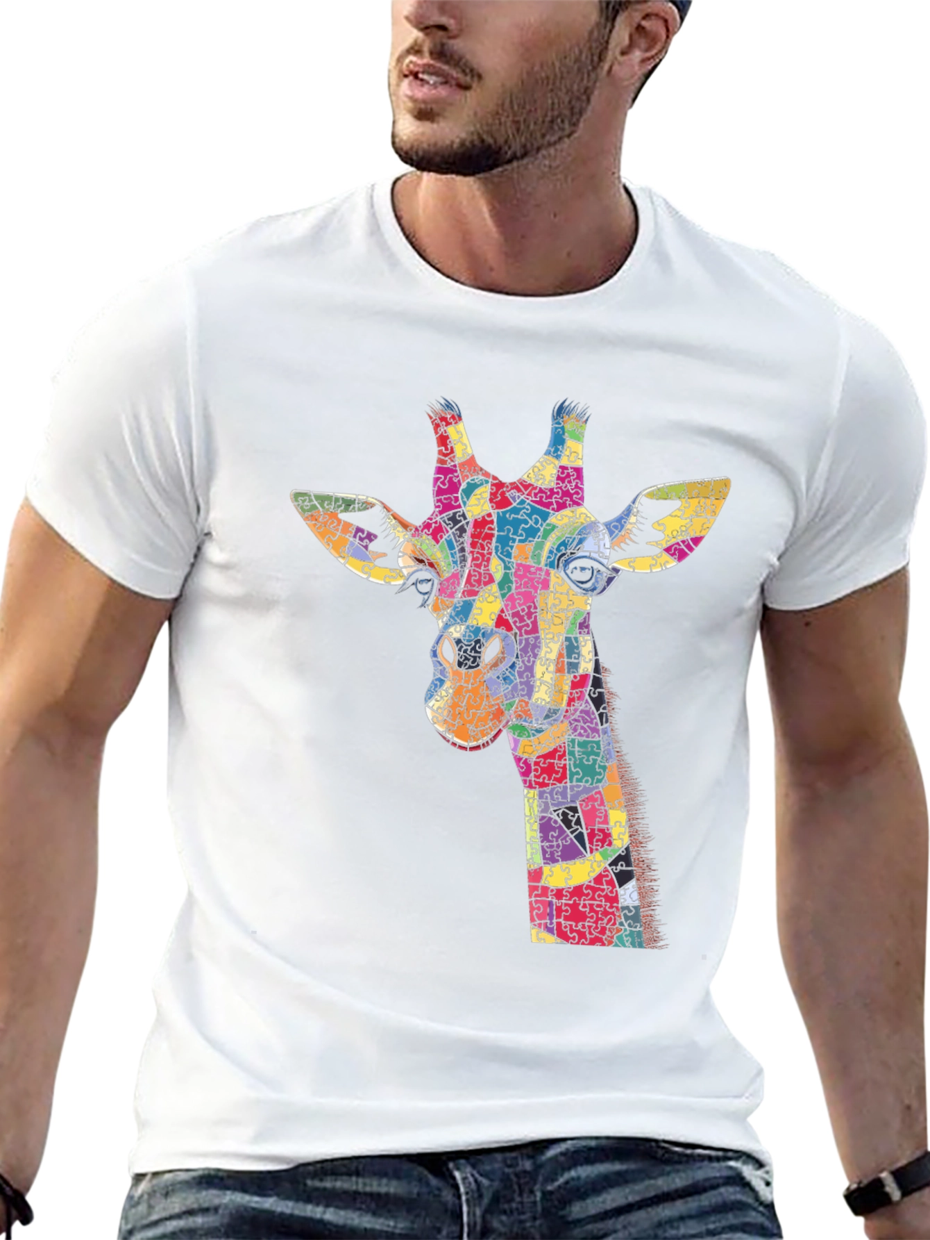 Giraffe Puzzle Piece Graphic Black T-Shirt