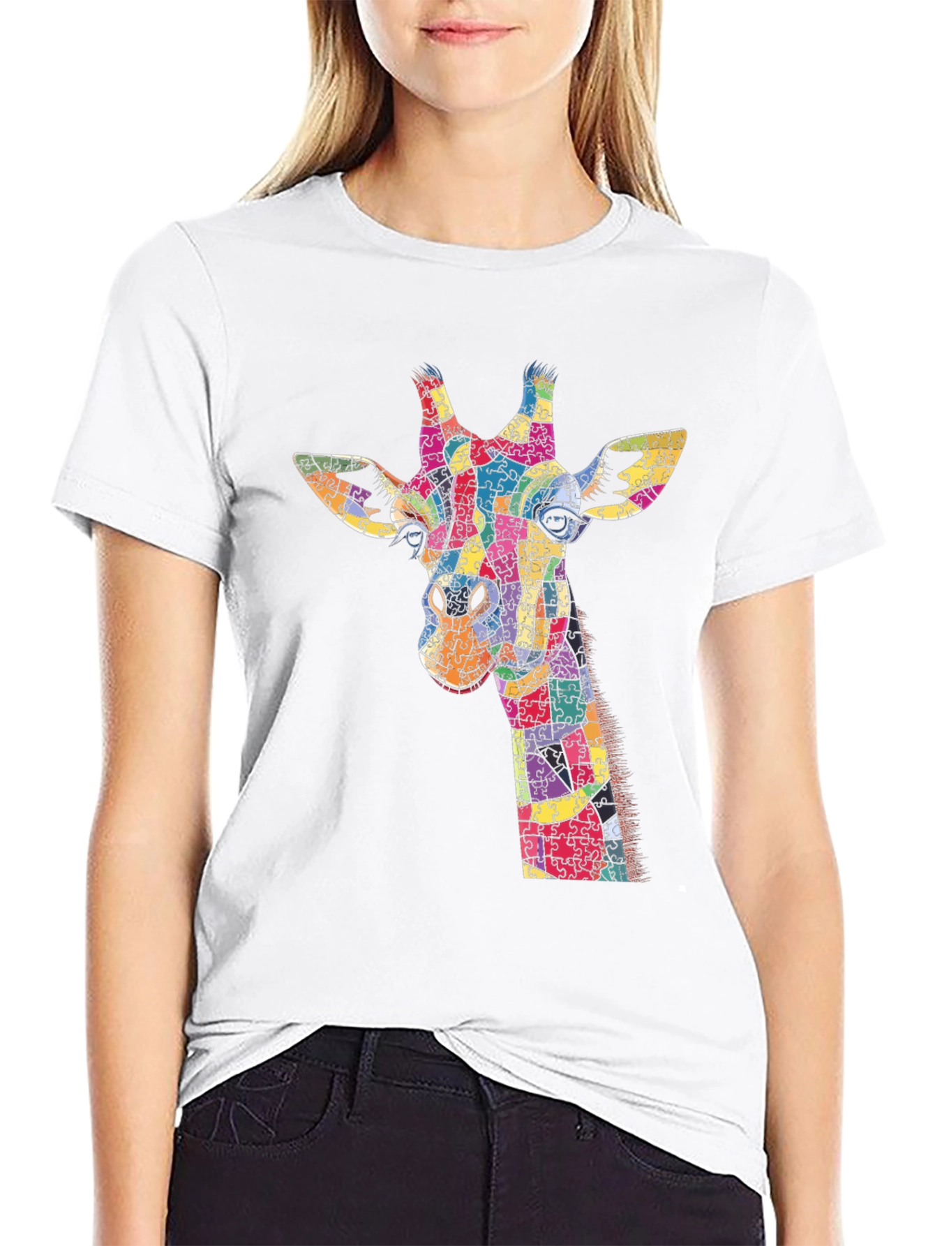 Giraffe Puzzle Piece Graphic Black T-Shirt