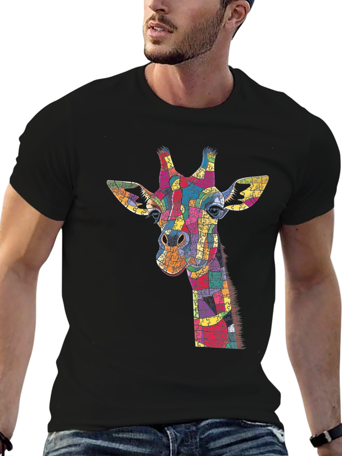 Giraffe Puzzle Piece Graphic Black T-Shirt