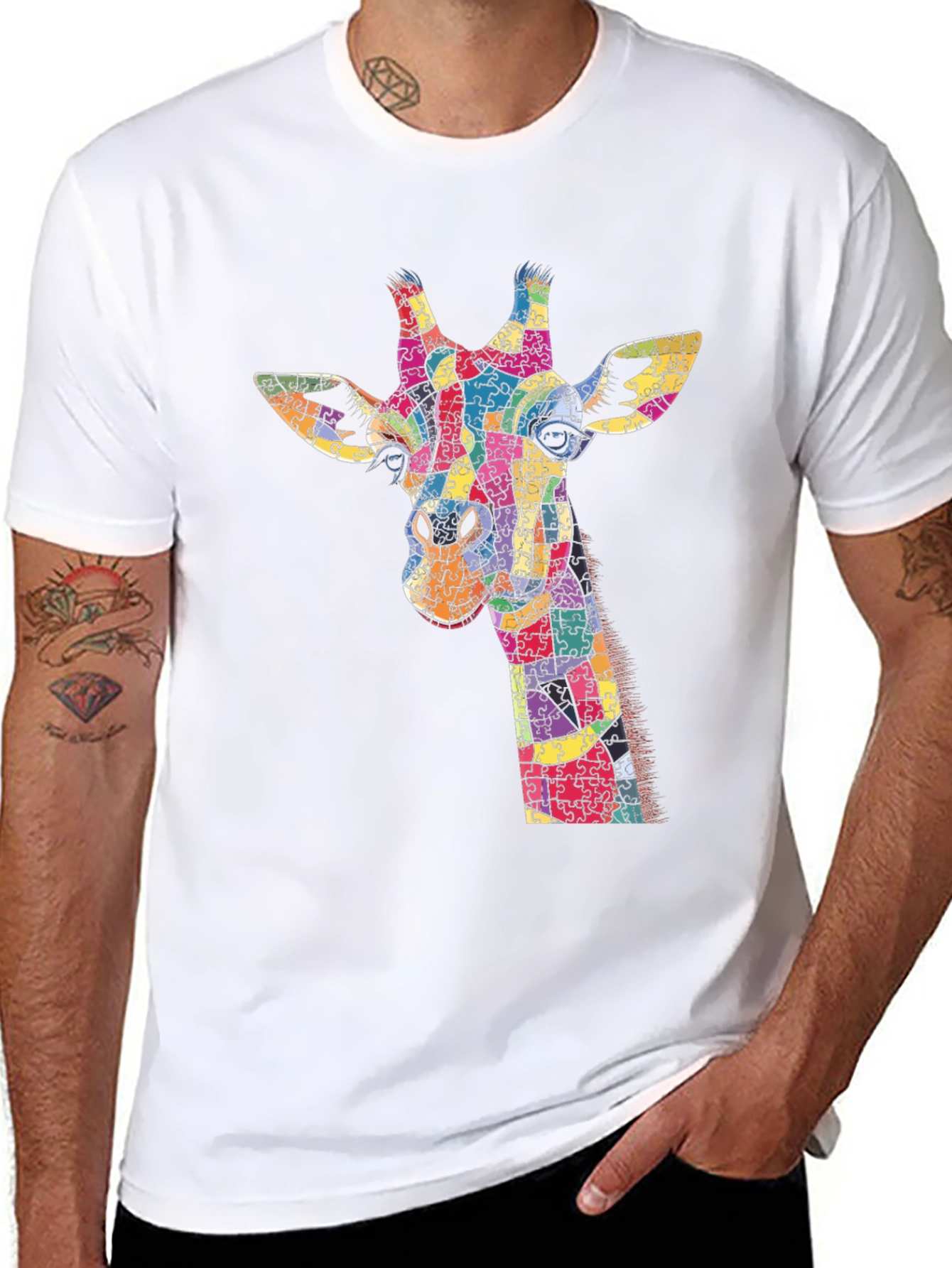 Giraffe Puzzle Piece Graphic Black T-Shirt