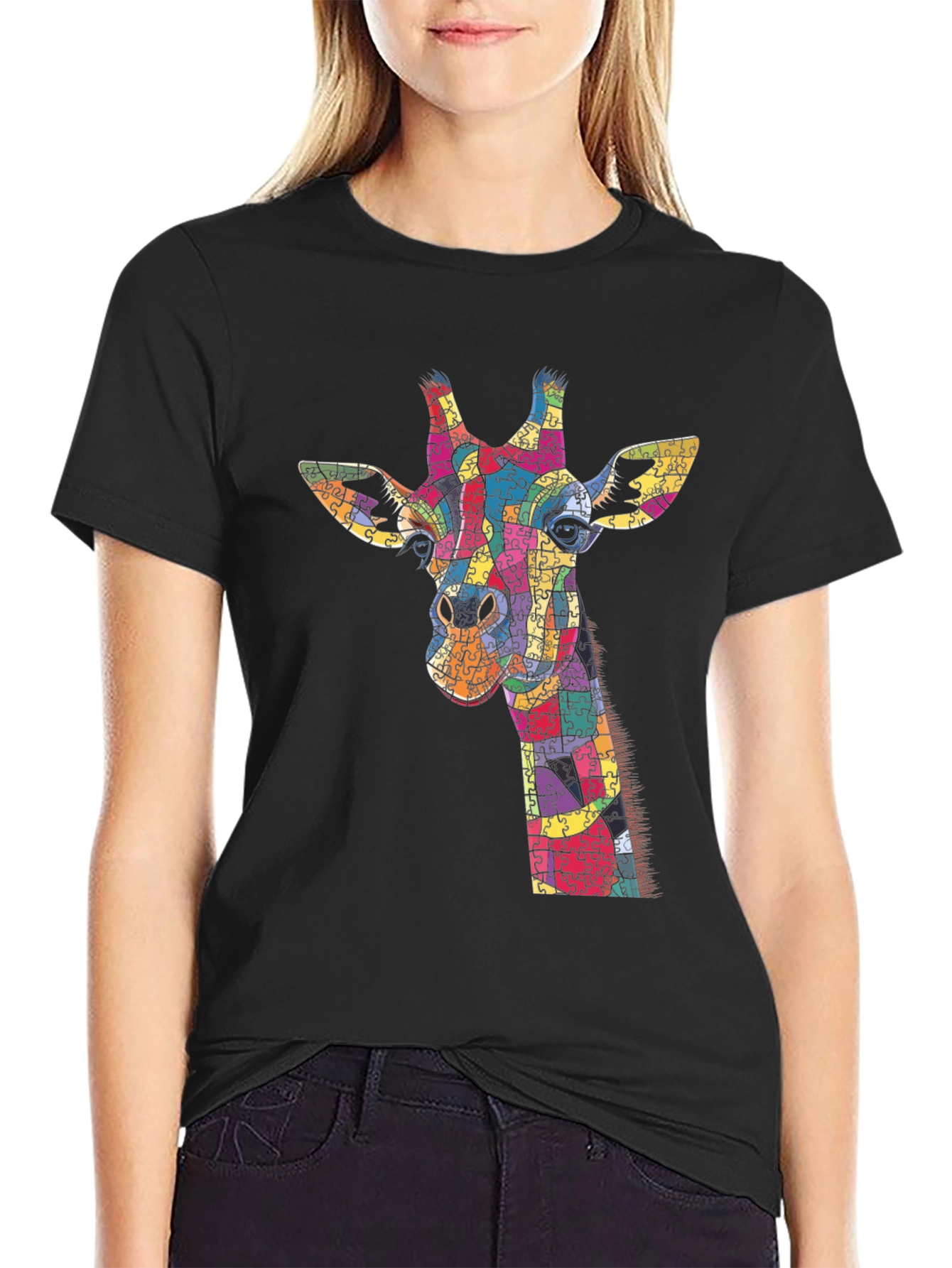 Giraffe Puzzle Piece Graphic Black T-Shirt