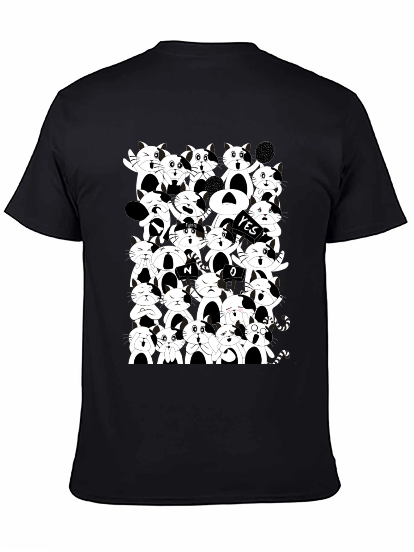 Cartoon Cat Pile Up Black T-Shirt
