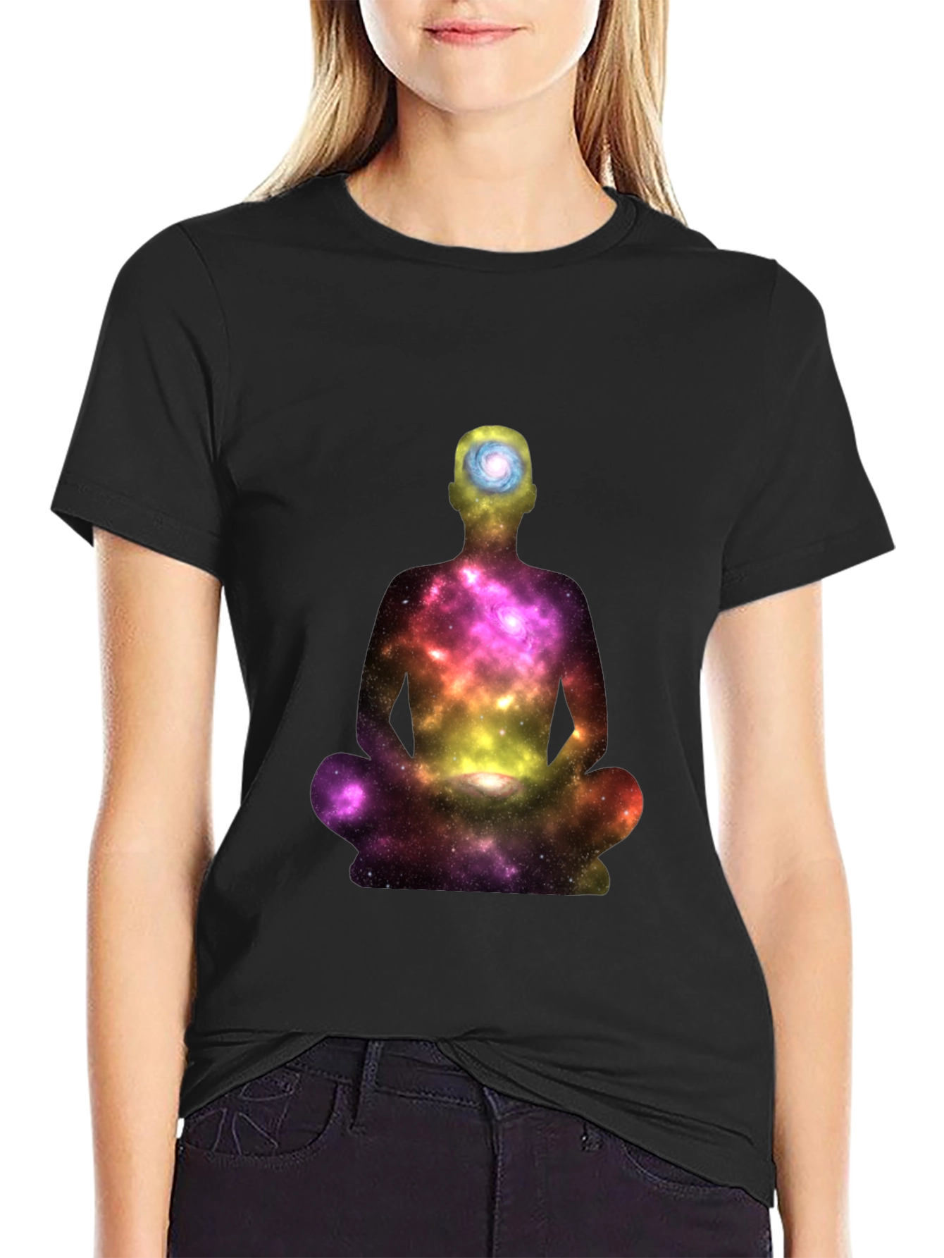 Meditating Galaxy Man Black T-Shirt