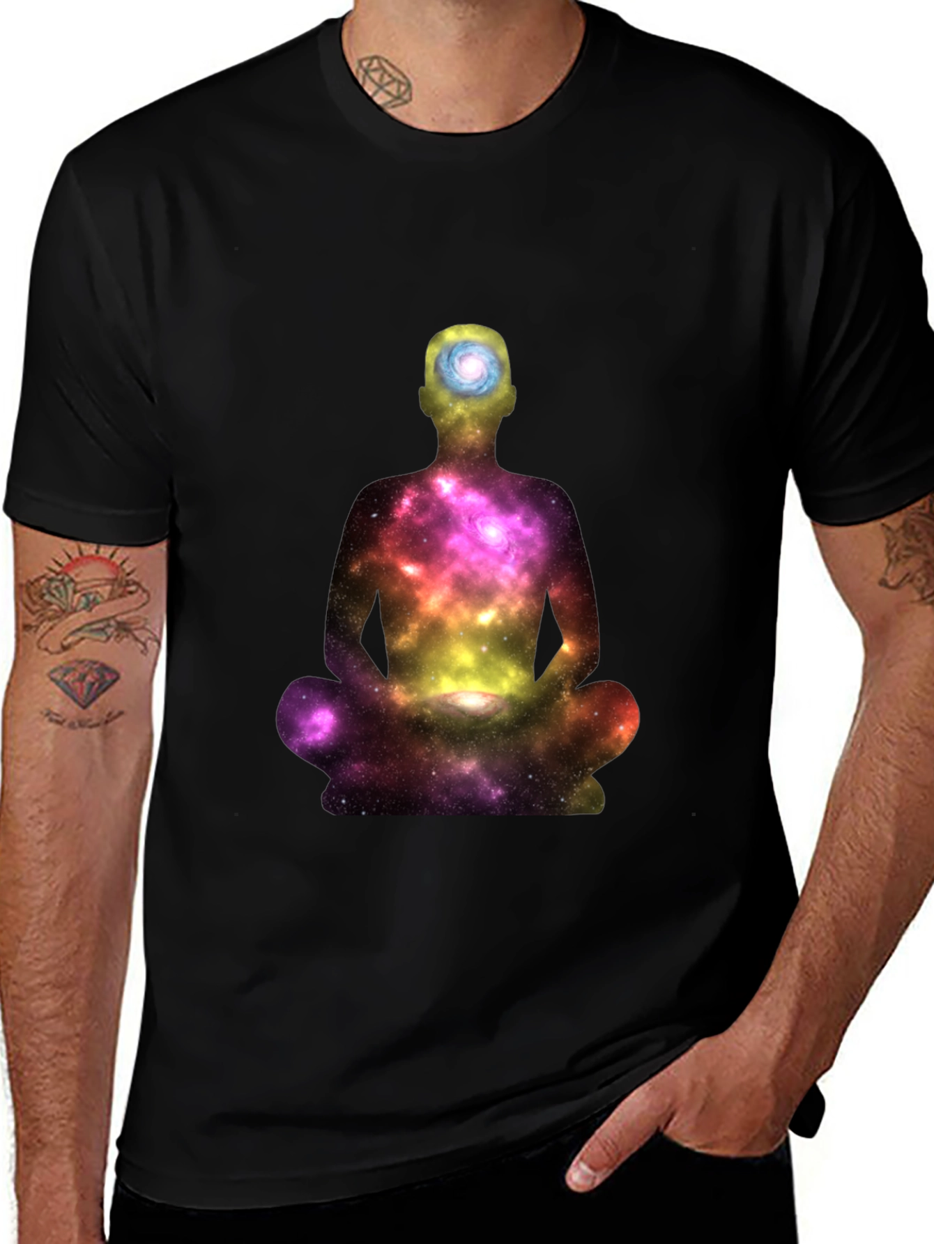 Meditating Galaxy Man Black T-Shirt