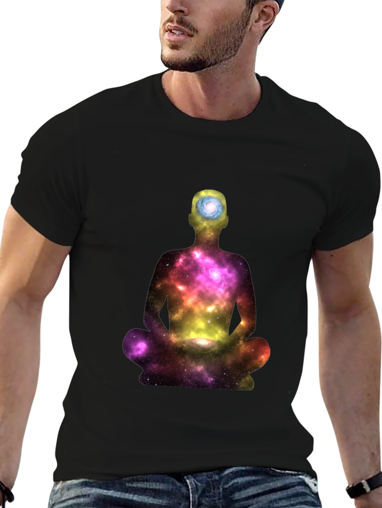 Meditating Galaxy Man Black T-Shirt