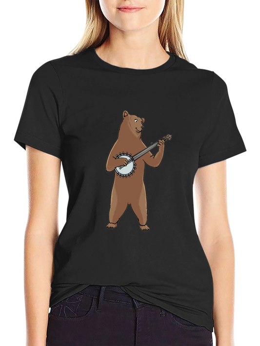 Bear Playing Banjo Graphic Tee - Black Cotton T-Shirt