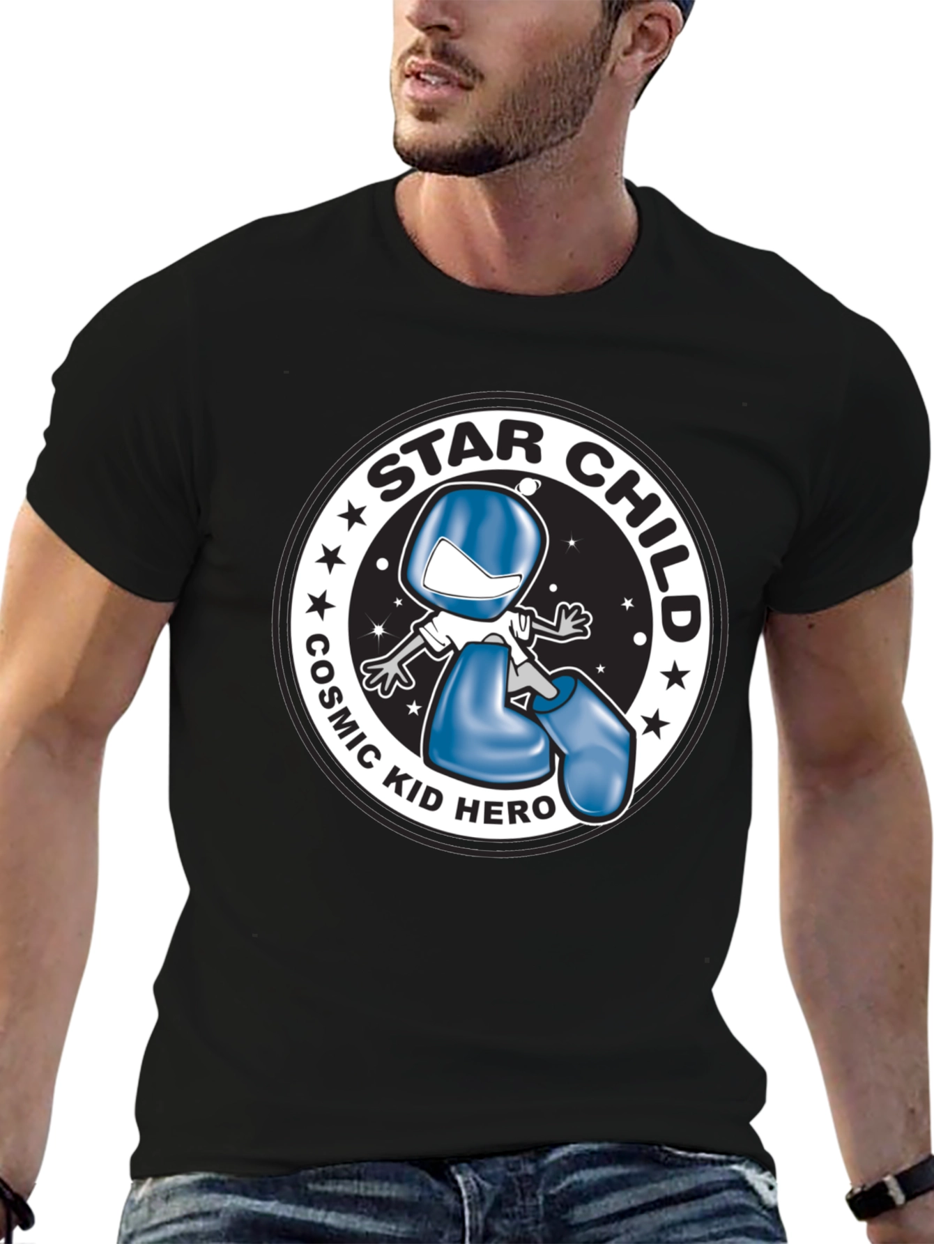 Star Child Cosmic Kid Hero Black T-Shirt