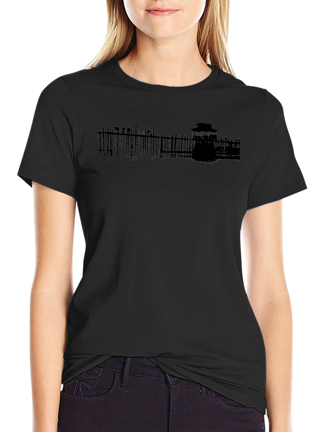 Mens Black T-Shirt with Architectural Silhouette Design