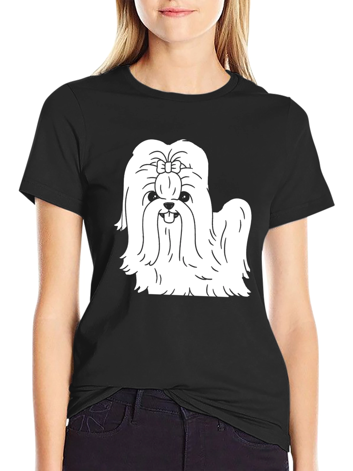 Cute Dog Graphic Tee - Black Cotton Blend T-Shirt