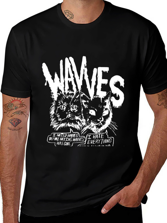 Wavves Cats Graphic Print Black T-Shirt