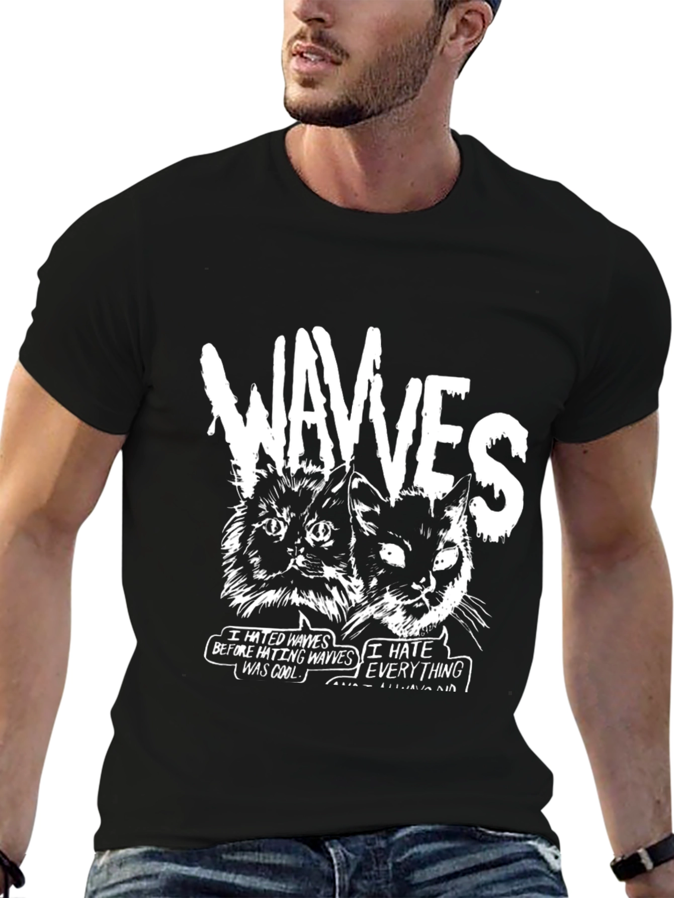Wavves Cats Graphic Print Black T-Shirt