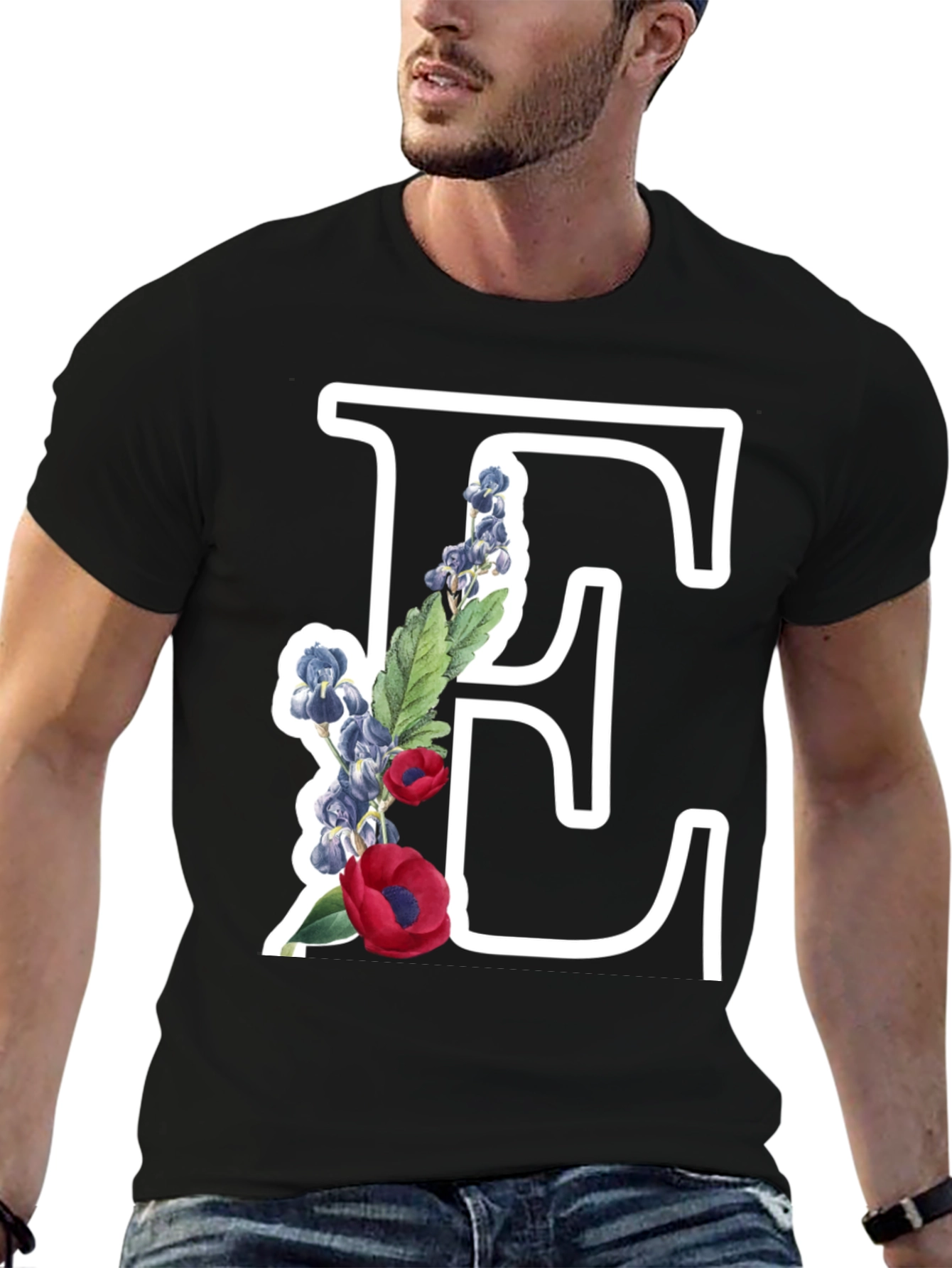 Floral Letter E Black T-Shirt