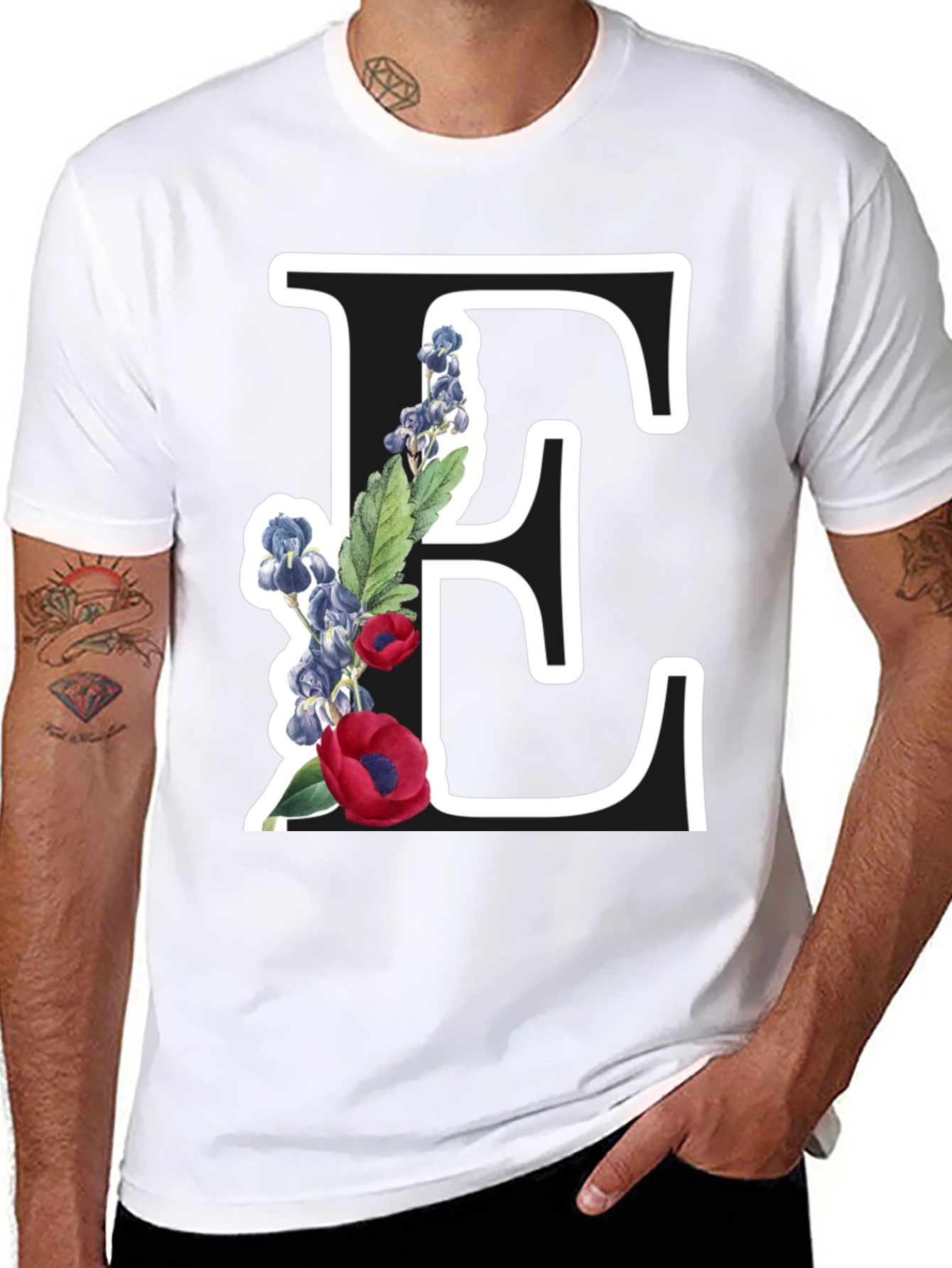Floral Letter E Black T-Shirt