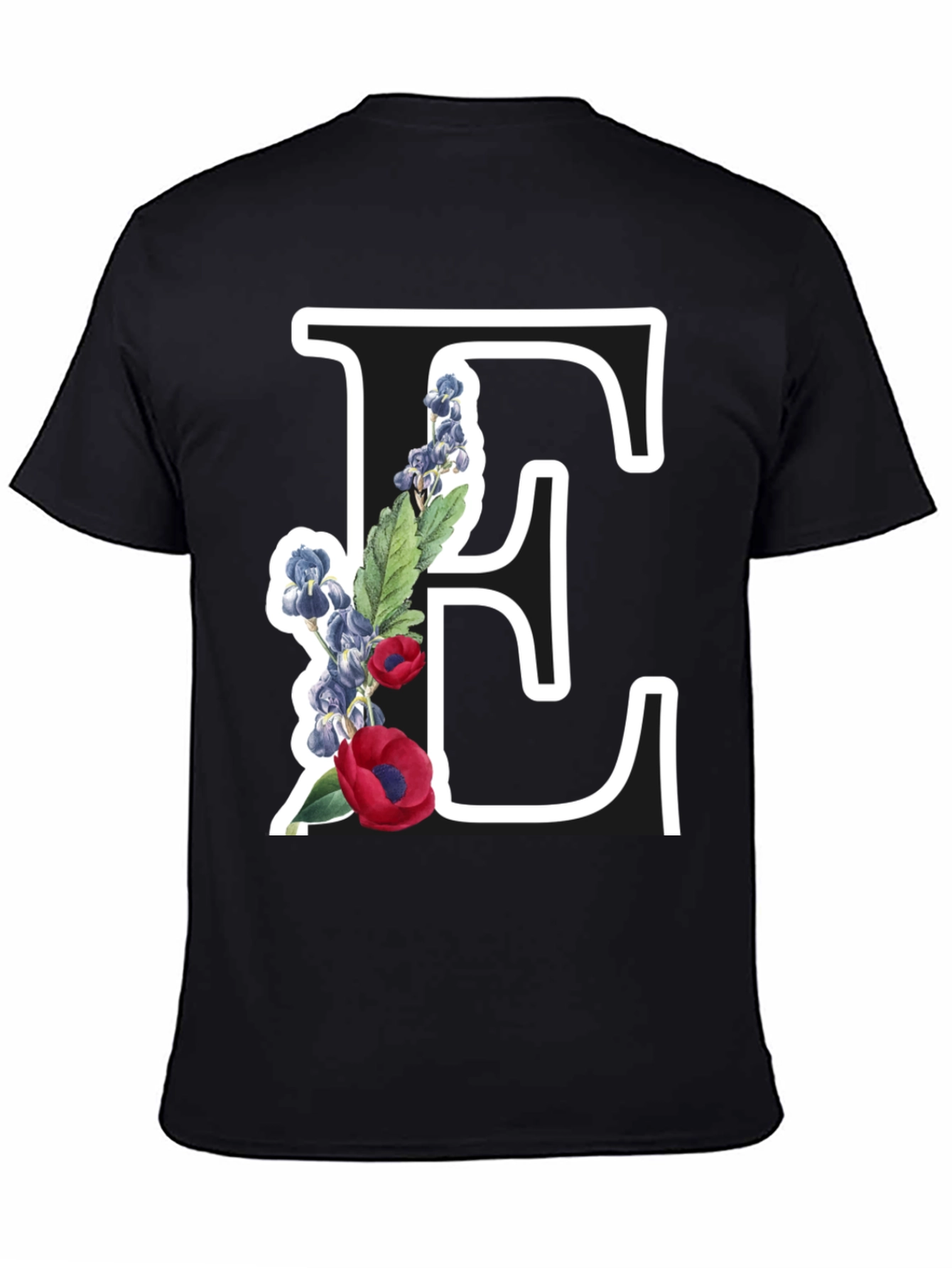 Floral Letter E Black T-Shirt
