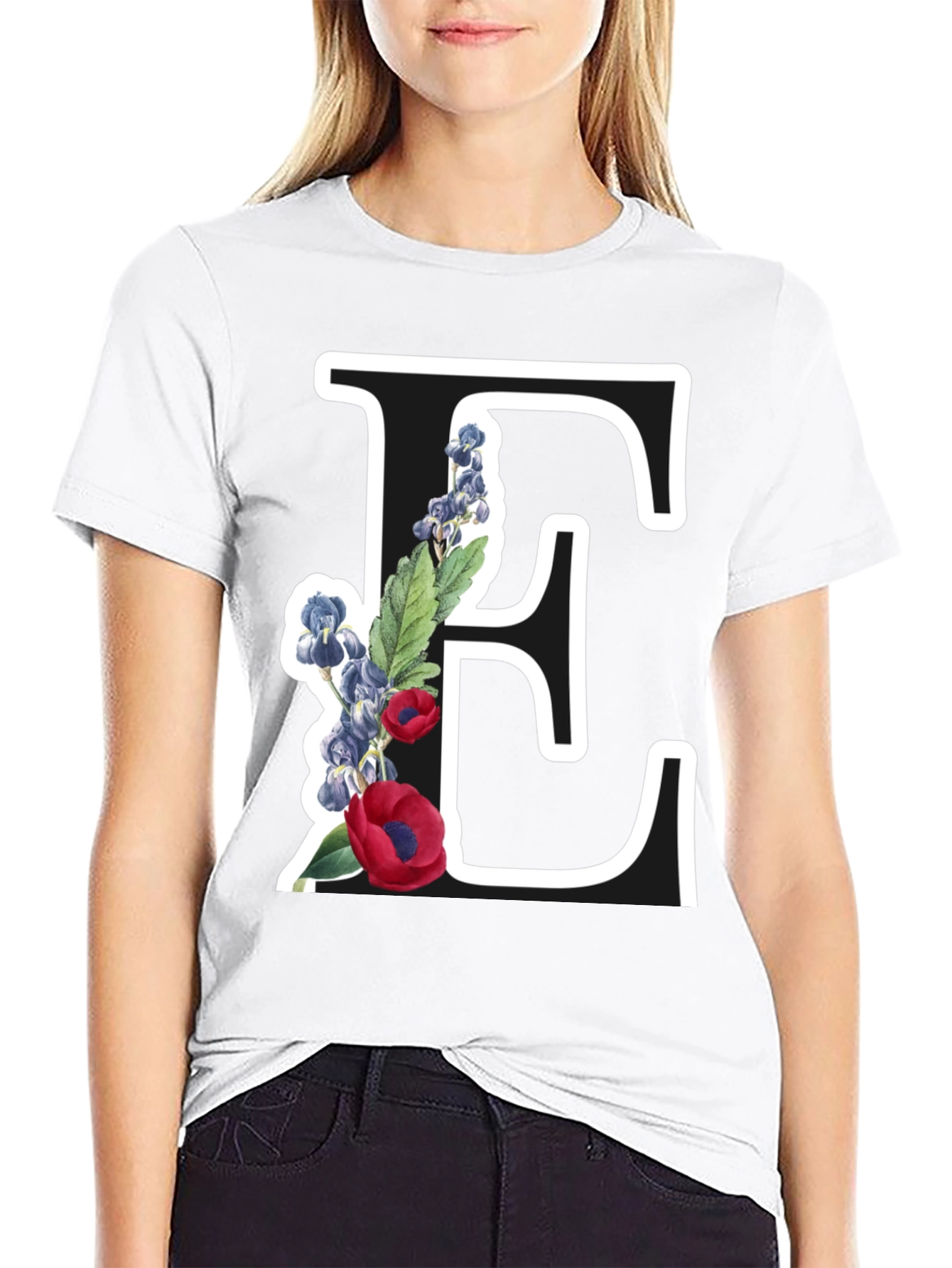 Floral Letter E Black T-Shirt