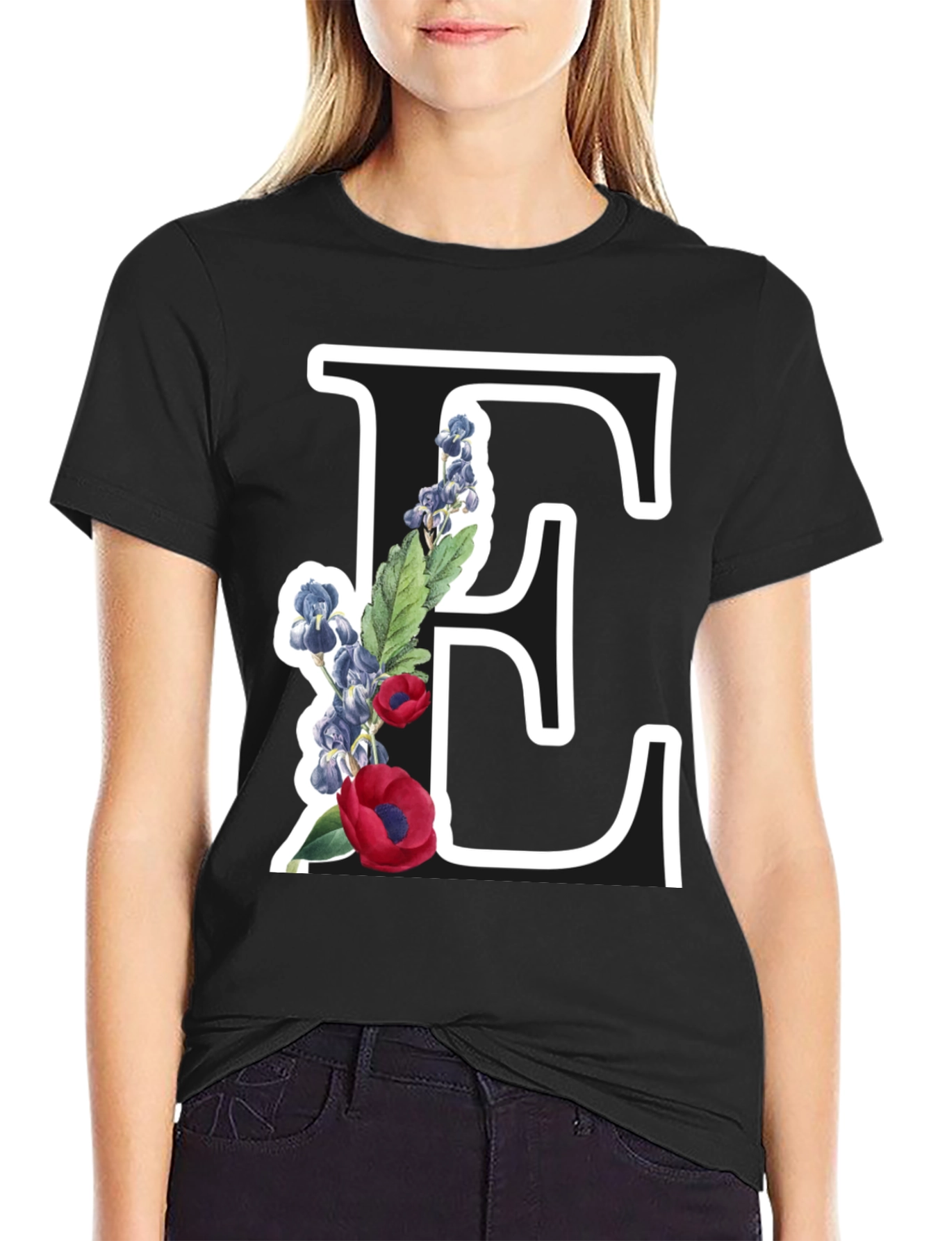 Floral Letter E Black T-Shirt
