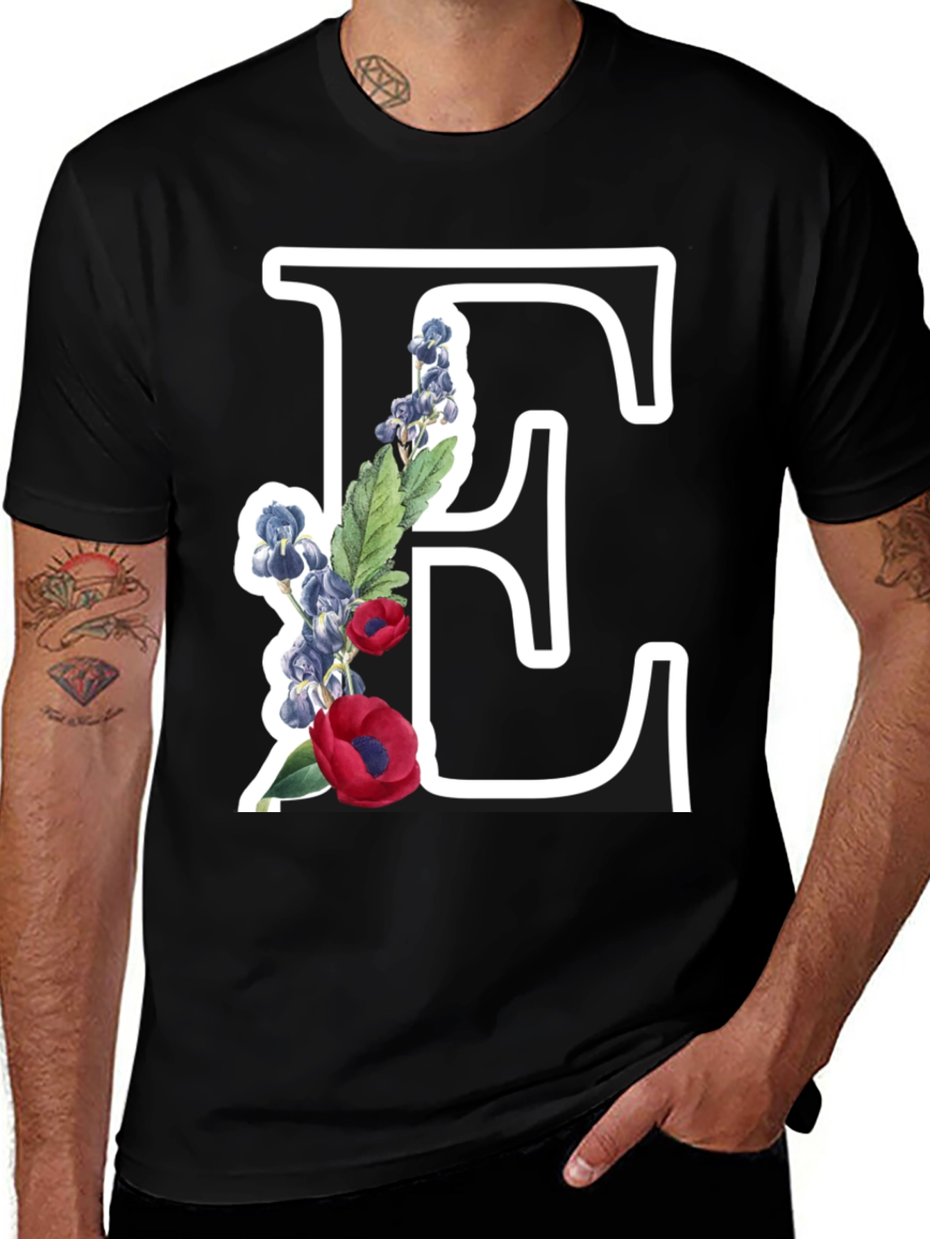 Floral Letter E Black T-Shirt
