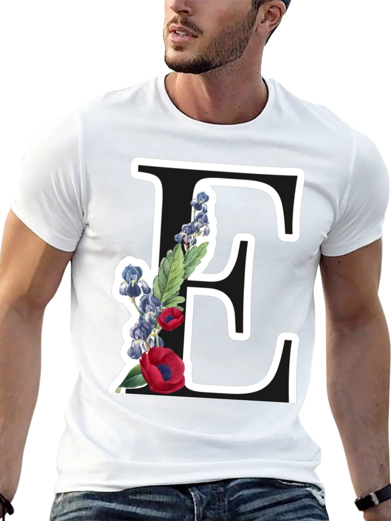Floral Letter E Black T-Shirt