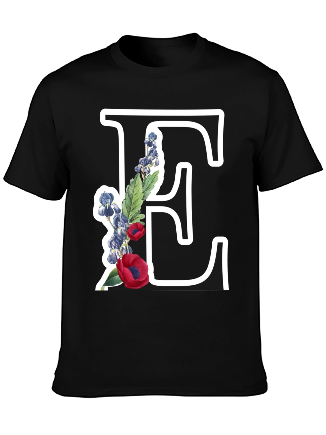 Floral Letter E Black T-Shirt