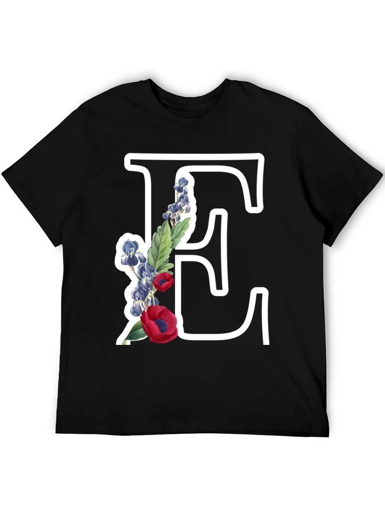 Floral Letter E Black T-Shirt