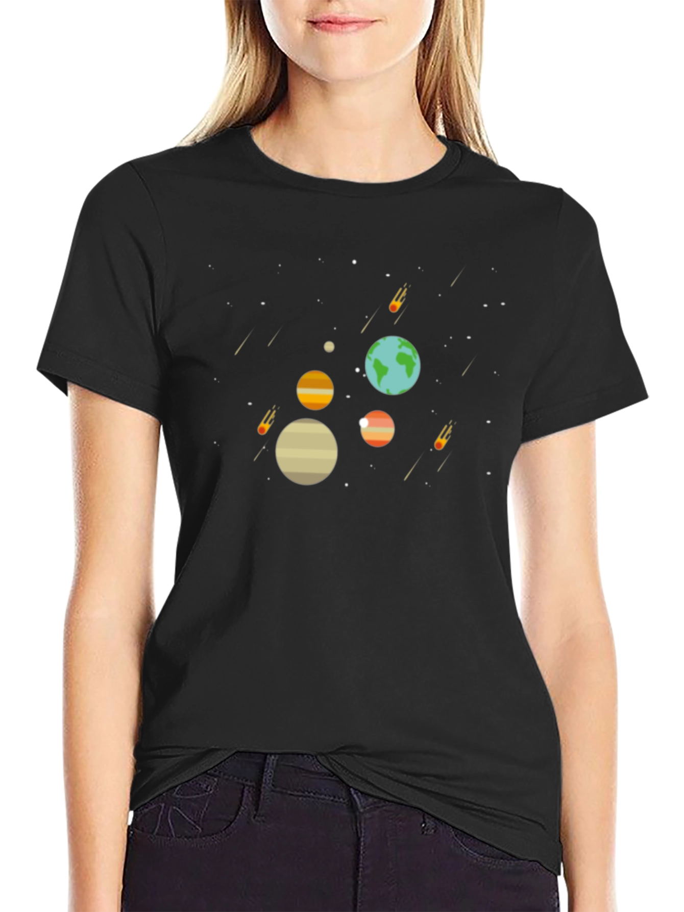 Space Planets T-Shirt - Graphic Tee Black Cotton