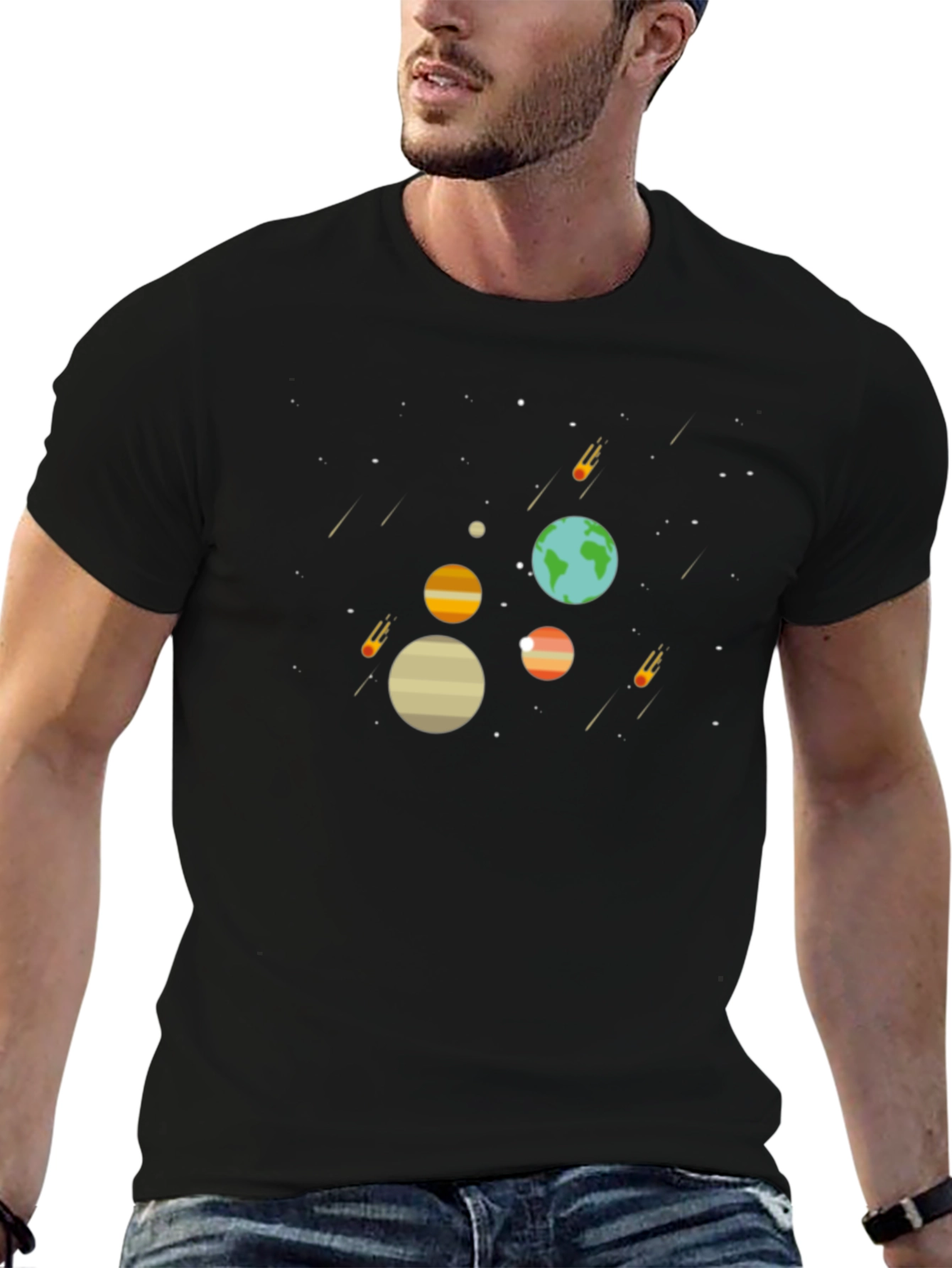 Space Planets T-Shirt - Graphic Tee Black Cotton