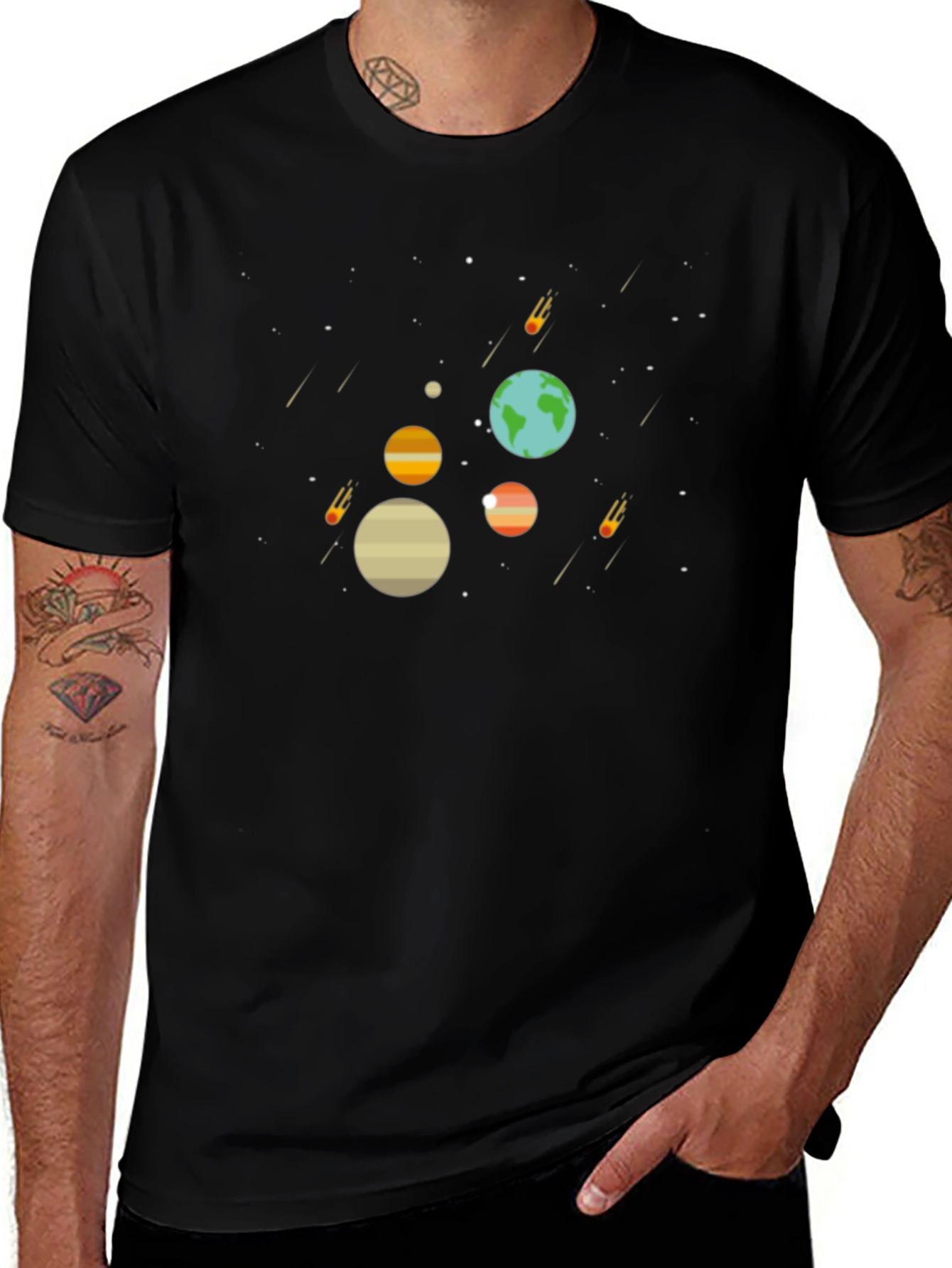 Space Planets T-Shirt - Graphic Tee Black Cotton