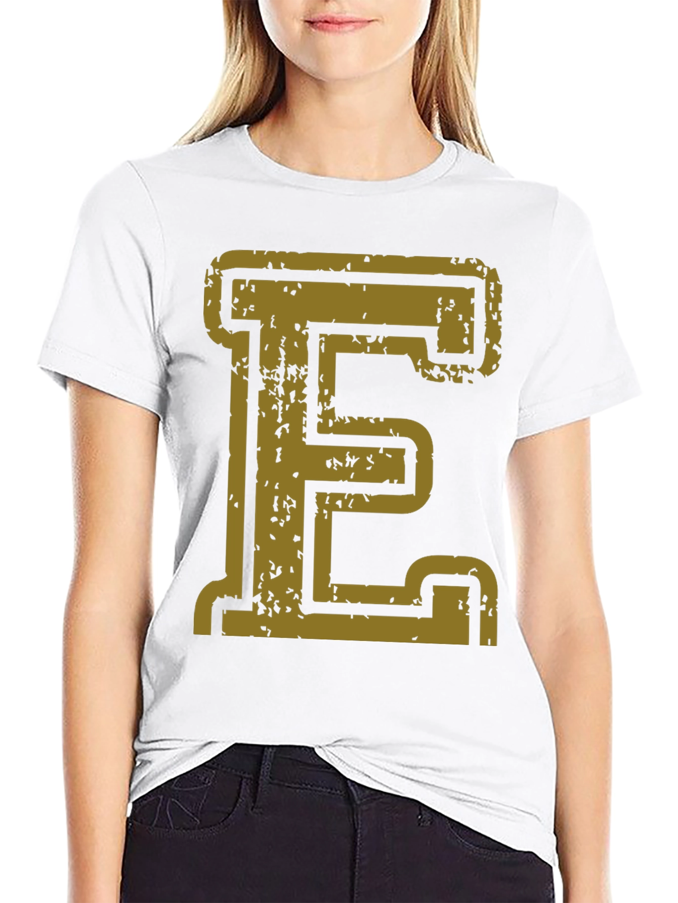 Distressed Gold Letter E Black T-Shirt