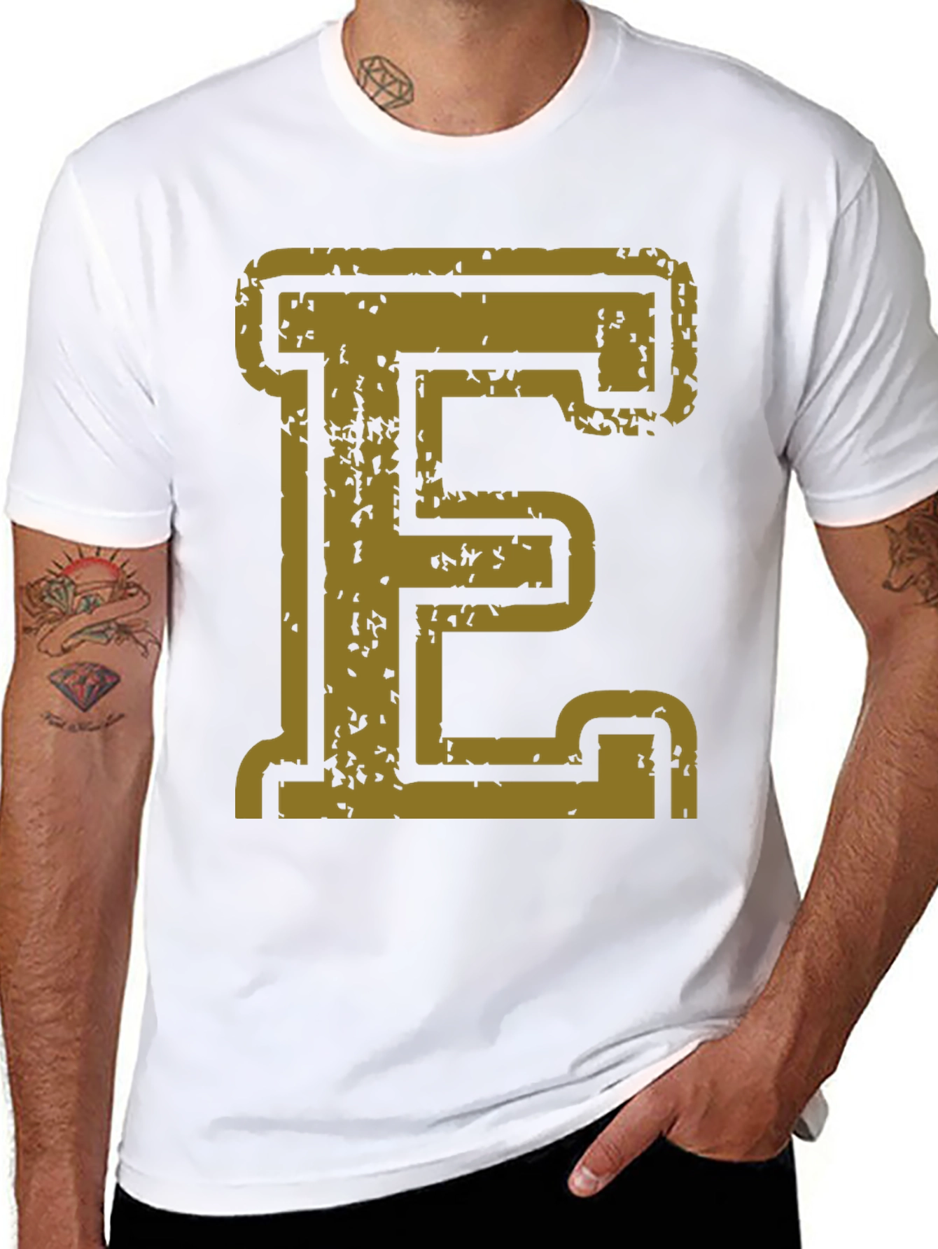Distressed Gold Letter E Black T-Shirt