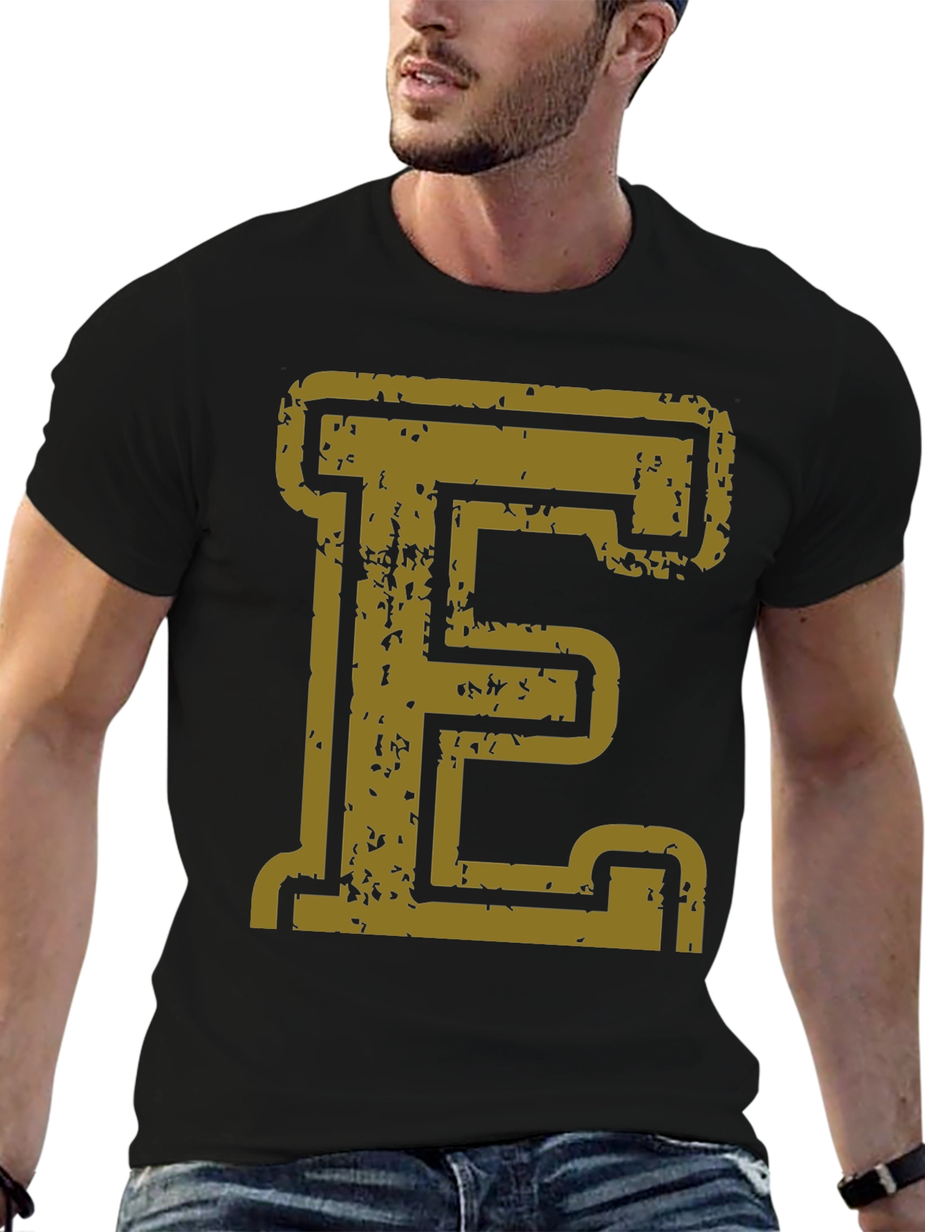 Distressed Gold Letter E Black T-Shirt
