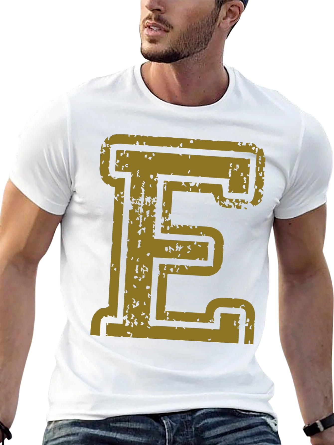 Distressed Gold Letter E Black T-Shirt