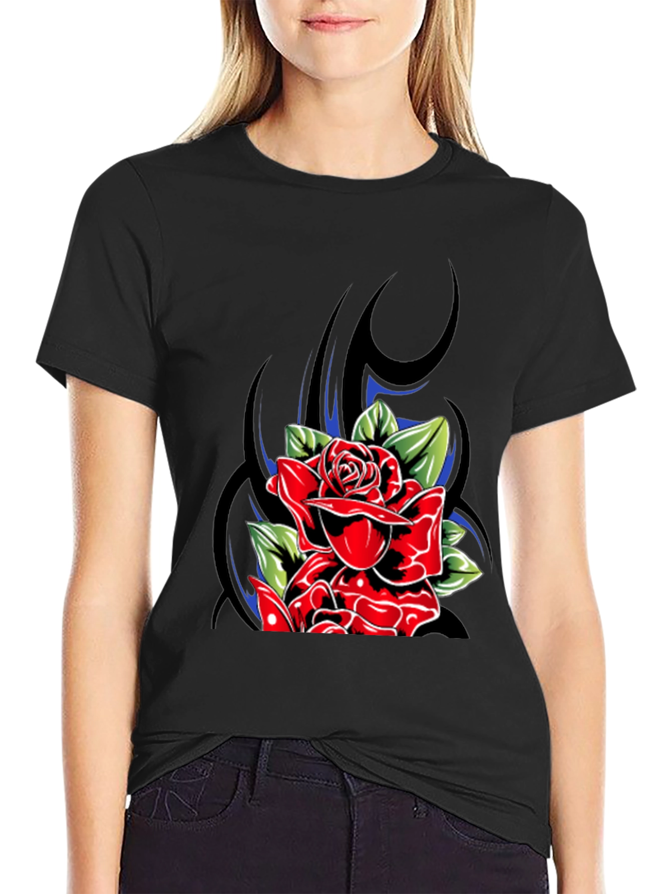 Rose Graphic Tee - Stylish Black T-Shirt